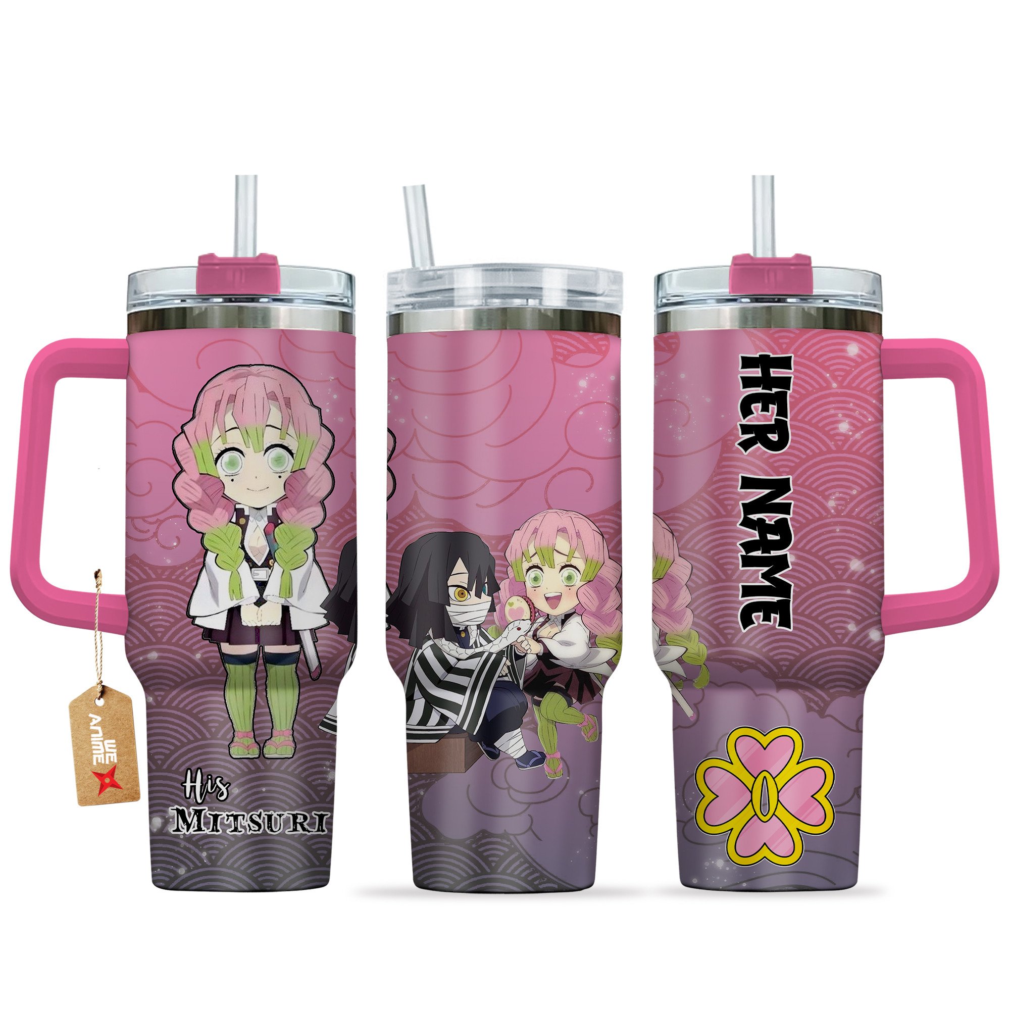 Hydratemerch Mitsuri Kanroji Demon Slayer Anime Valentine Custom Stanley Quencher 40oz Stainless Steel Tumbler With Handle
