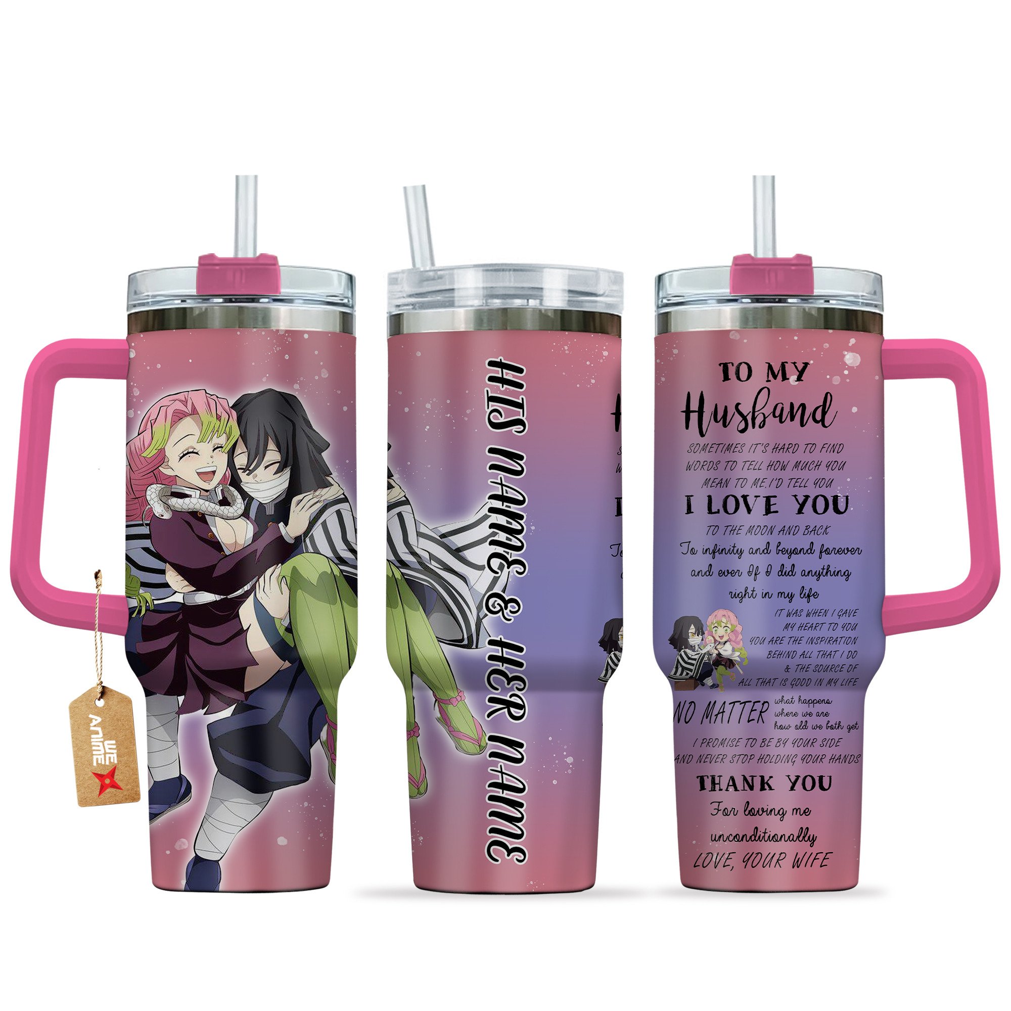 Hydratemerch Mitsuri Kanroji & Obanai Iguro Demon Slayer Anime Valentine Custom Stanley Quencher 40oz Stainless Steel Tumbler With Handle