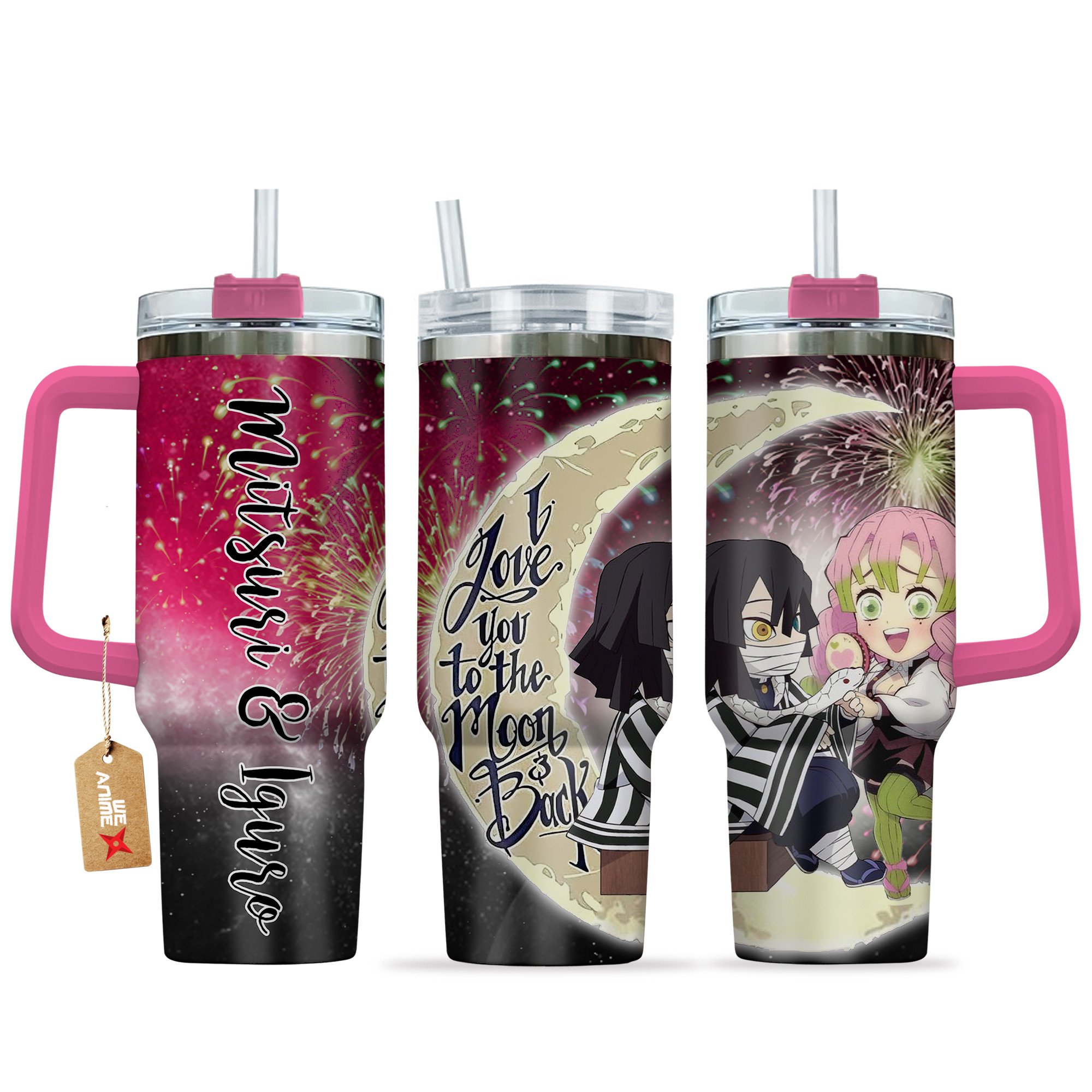 Hydratemerch Mitsuri Kanroji & Obanai Iguro Demon Slayer Anime Valentine Custom Stanley Quencher 40oz Stainless Steel Tumbler With Handle