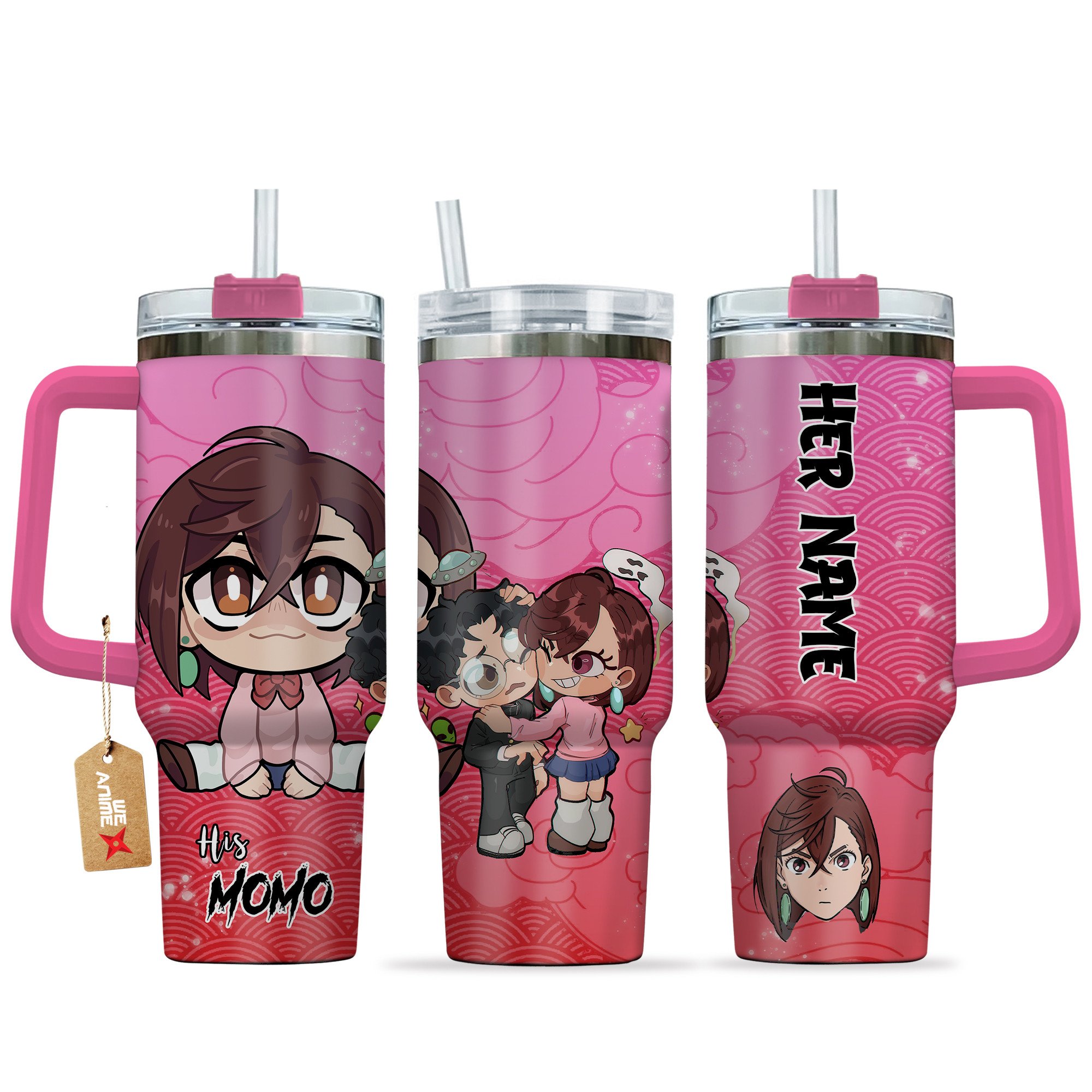 Hydratemerch Momo Dandadan Anime Valentine Custom Stanley Quencher 40oz Stainless Steel Tumbler With Handle