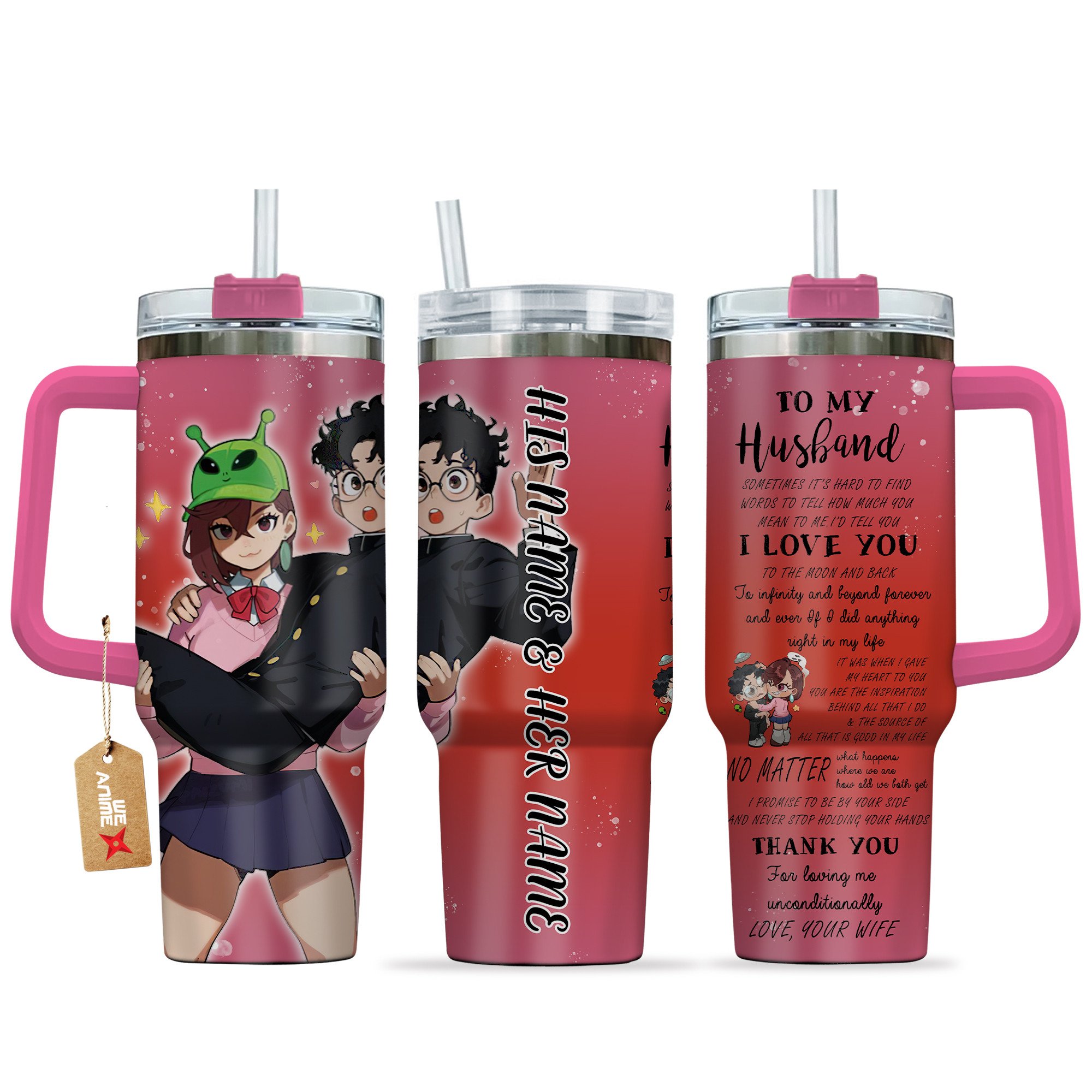 Hydratemerch Momo & Ken Takakura Dandadan Anime Valentine Custom Stanley Quencher 40oz Stainless Steel Tumbler With Handle