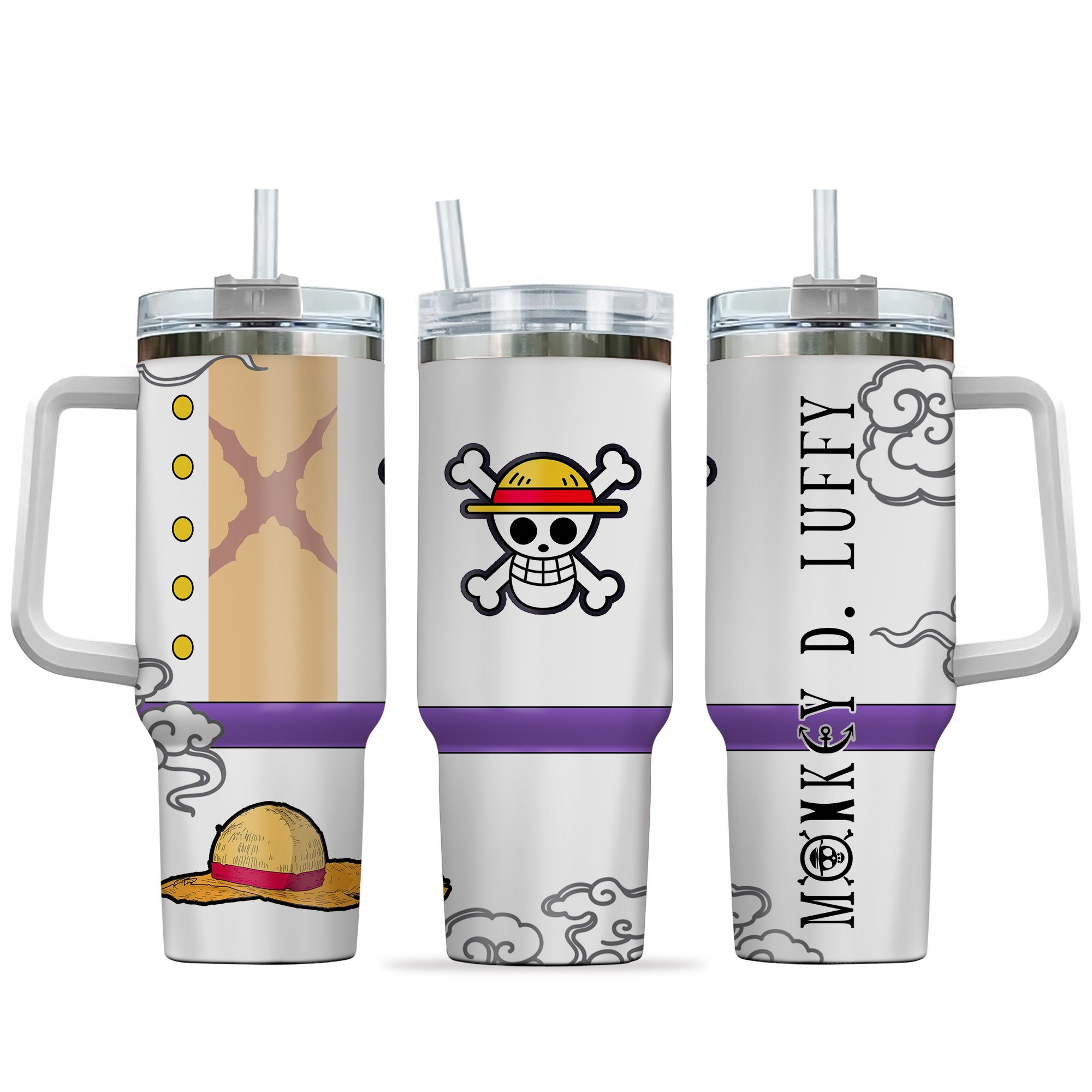 Hydratemerch Monkey D. Luffy Gear 5 One Piece Anime Custom Stanley Quencher 40oz Stainless Steel Tumbler With Handle