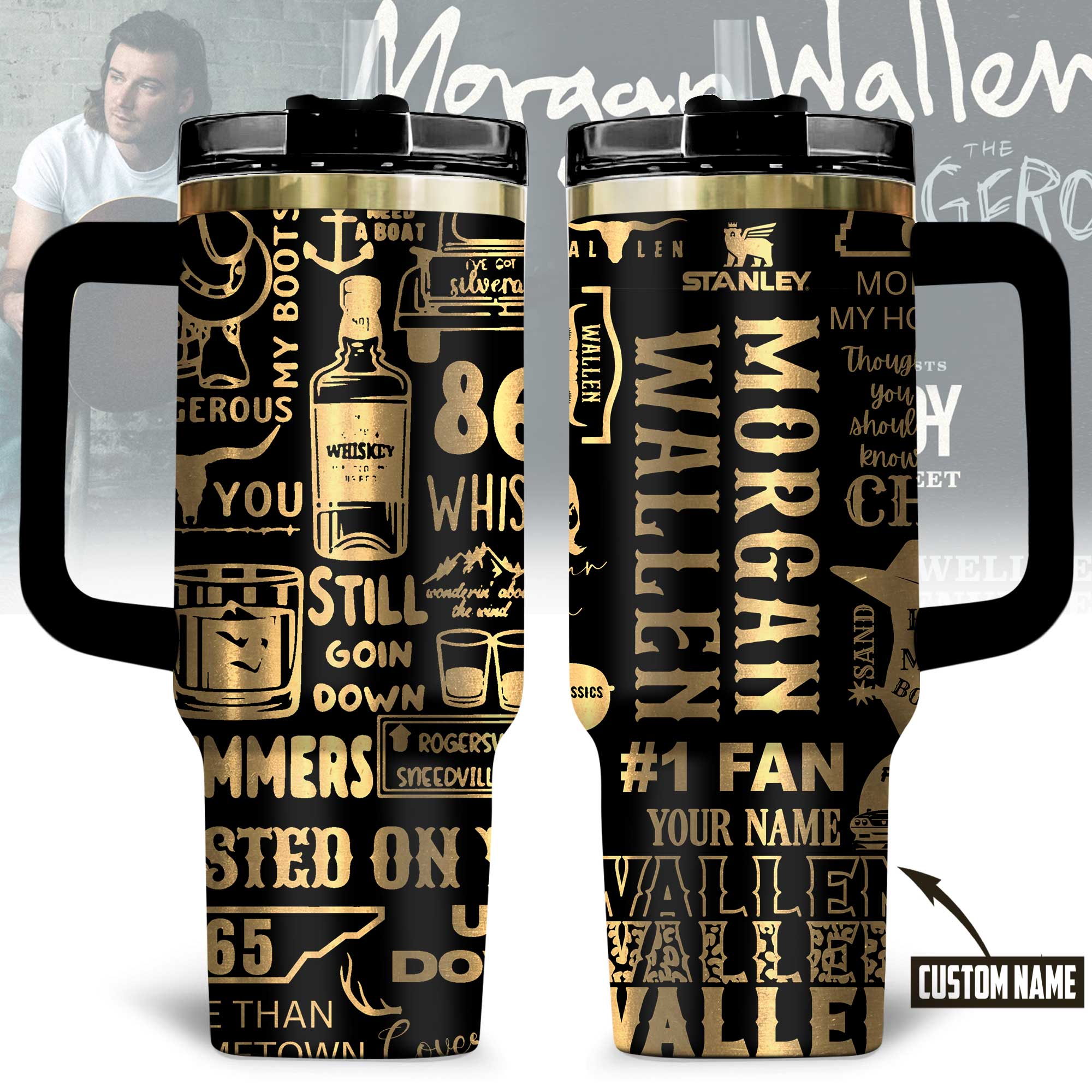 Hydratemerch Morgan Wallen Music Custom Stanley Quencher 40oz Stainless Steel Tumbler With Handle