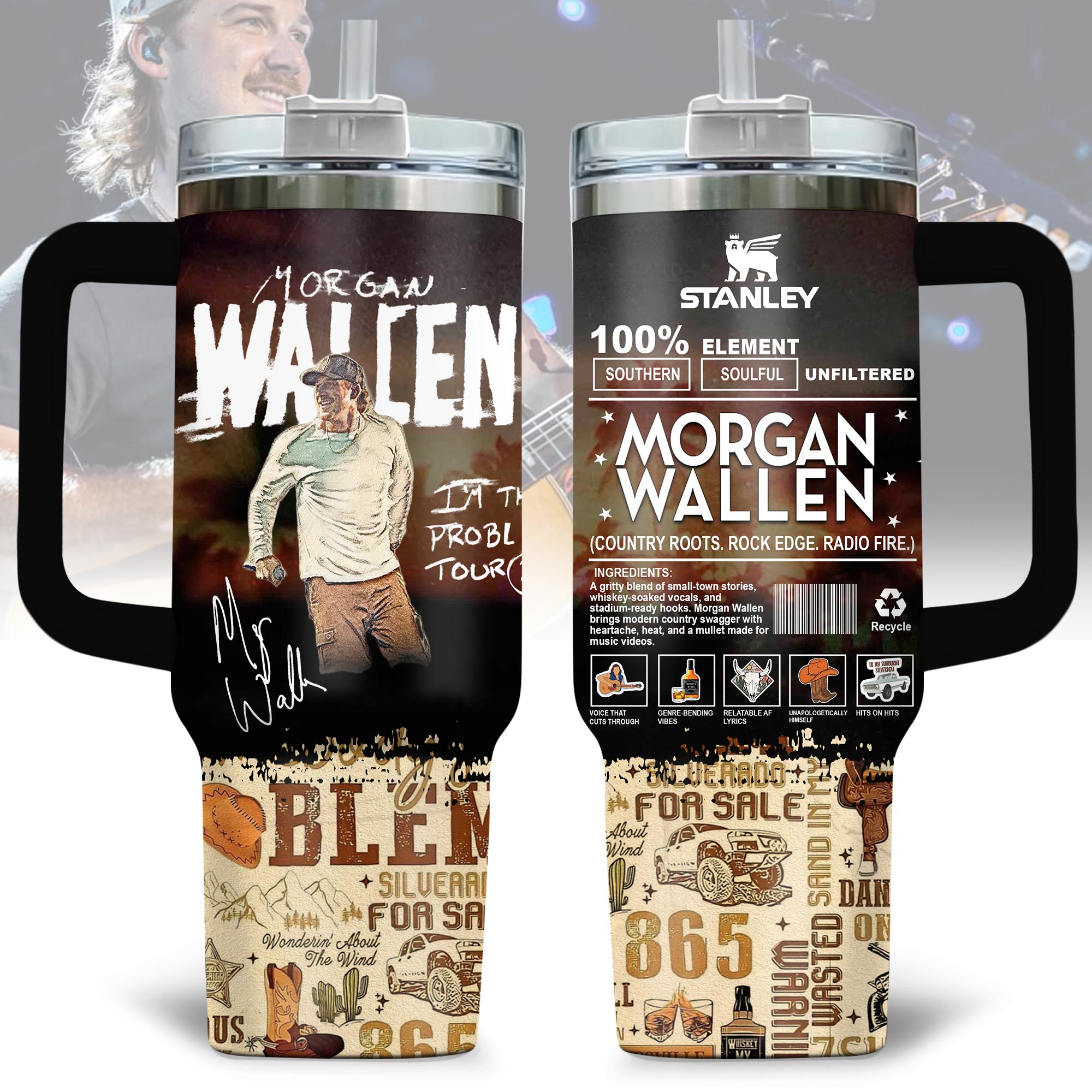 Hydratemerch Morgan Wallen Music Custom Stanley Quencher 40oz Stainless Steel Tumbler With Handle