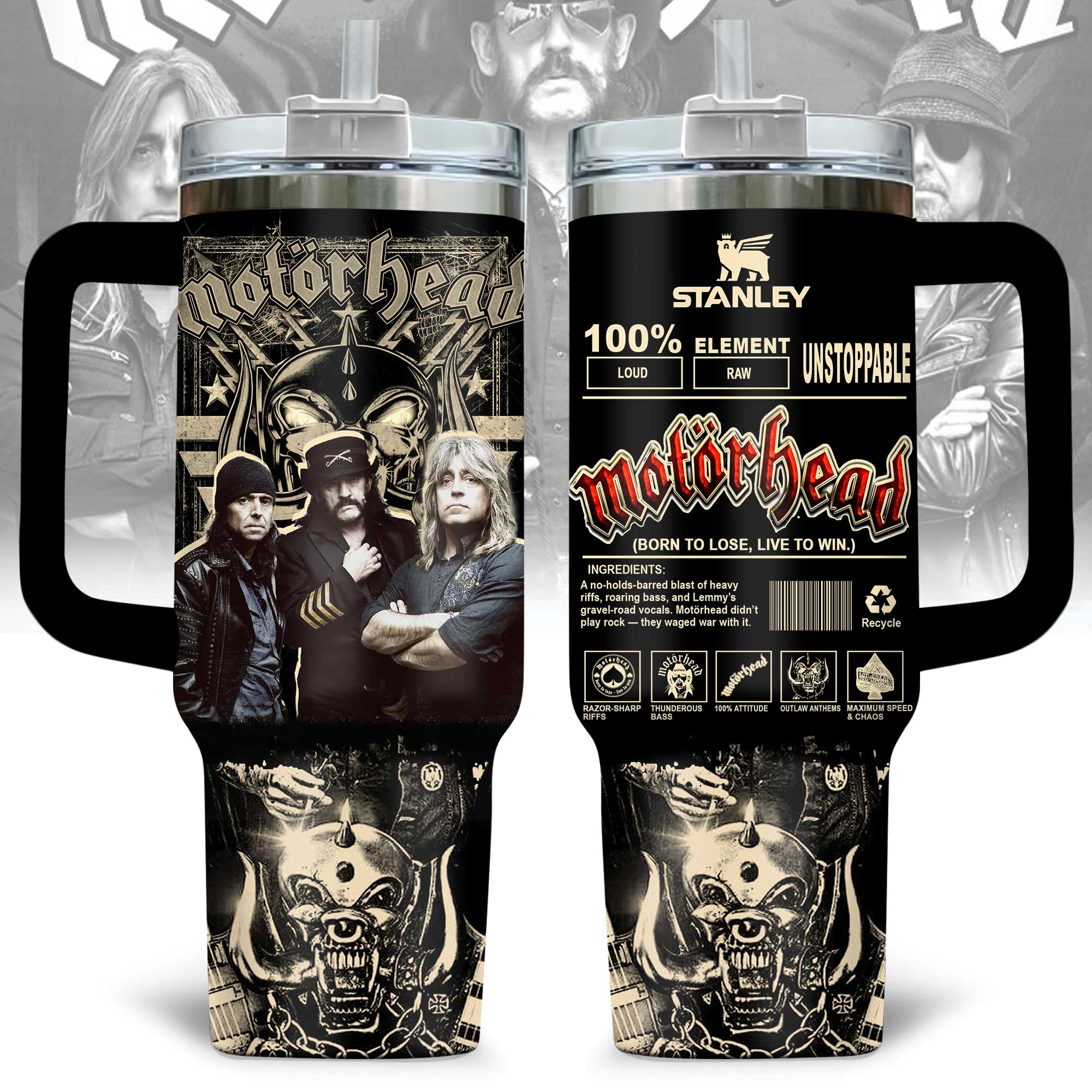Hydratemerch Motörhead Music Custom Stanley Quencher 40oz Stainless Steel Tumbler With Handle