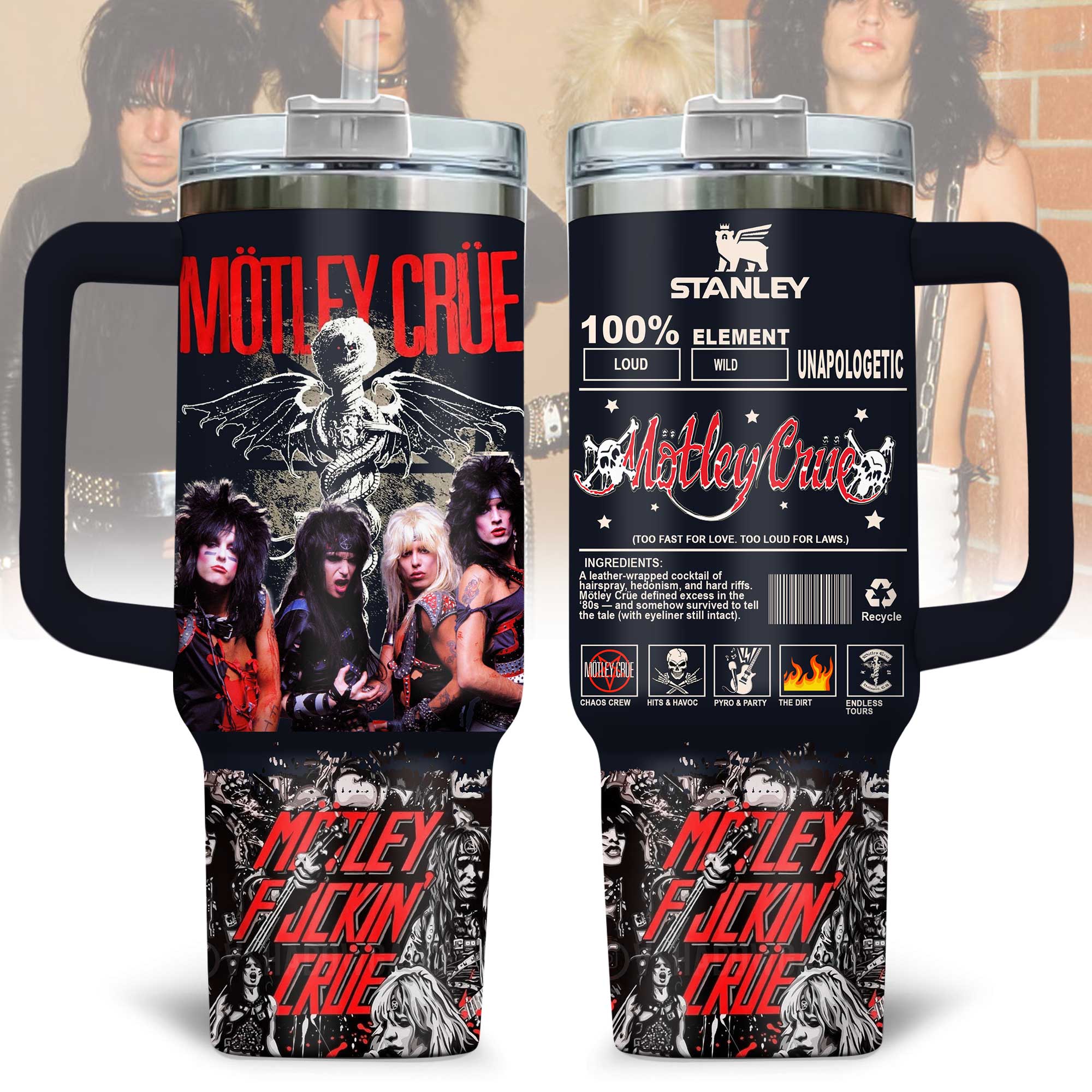 Hydratemerch Mötley Crüe Music Custom Stanley Quencher 40oz Stainless Steel Tumbler With Handle
