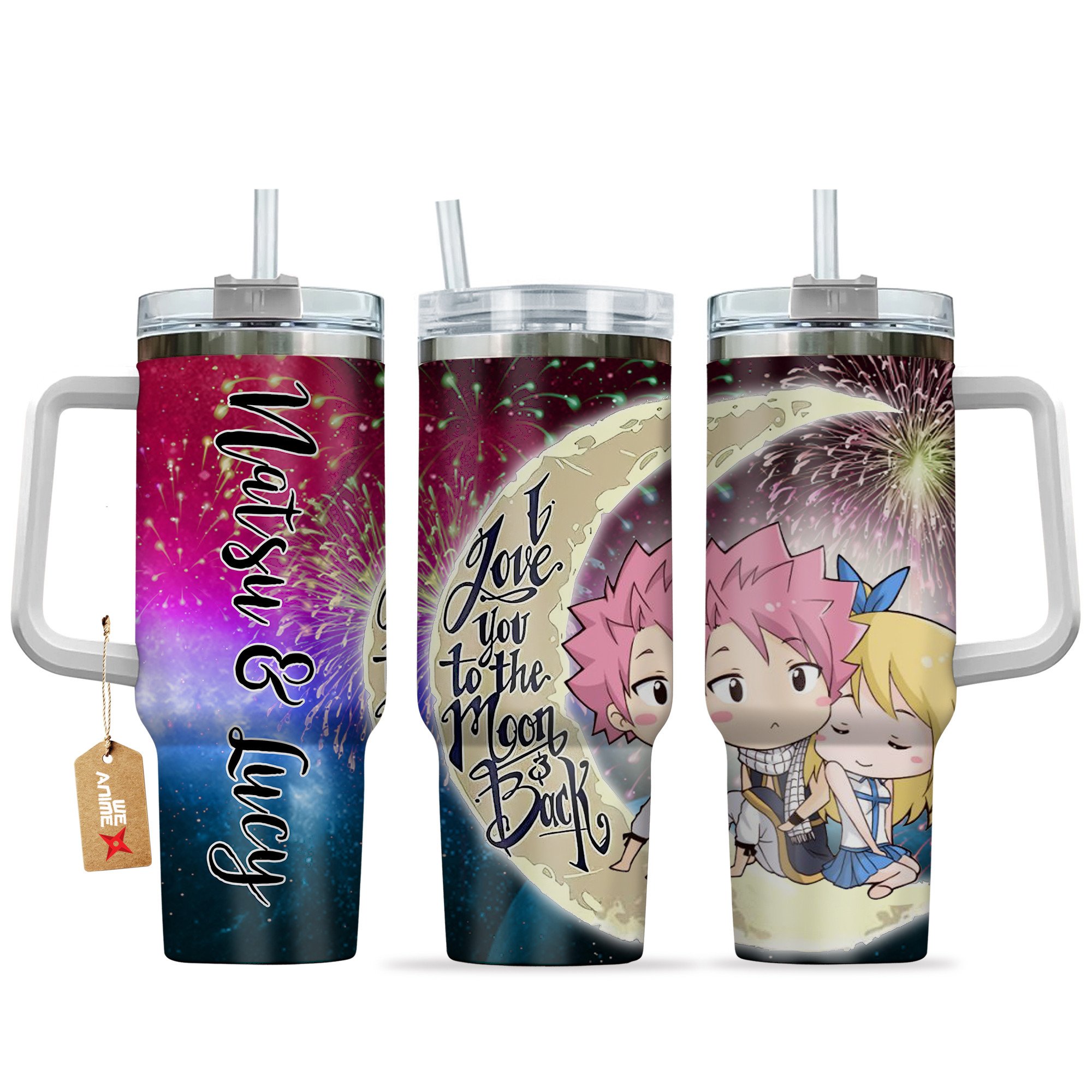 Hydratemerch Natsu Dragneel & Lucy Heartfilia Fairy Tail Anime Valentine Custom Stanley Quencher 40oz Stainless Steel Tumbler With Handle