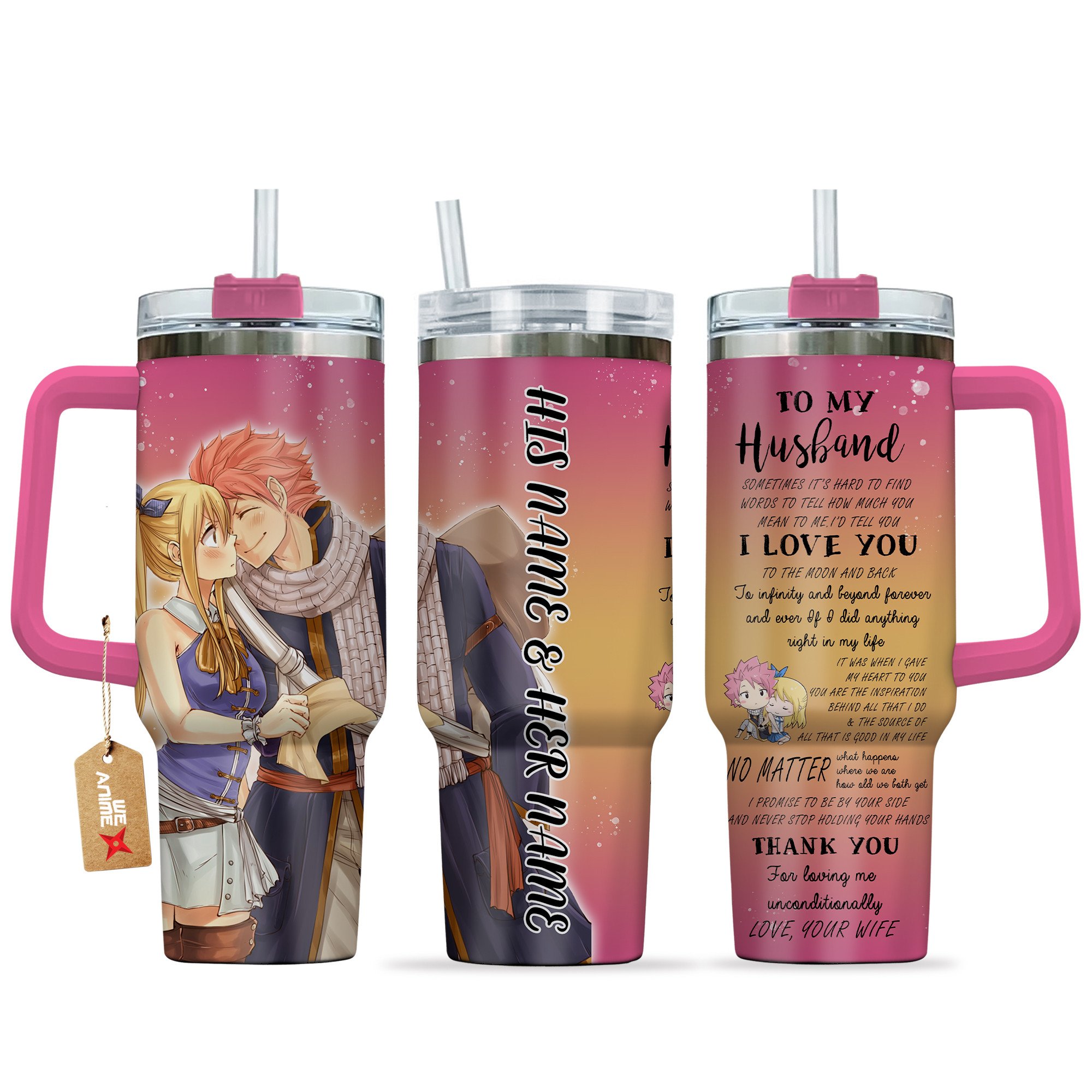 Hydratemerch Natsu Dragneel & Lucy Heartfilia Fairy Tail Anime Valentine Custom Stanley Quencher 40oz Stainless Steel Tumbler With Handle