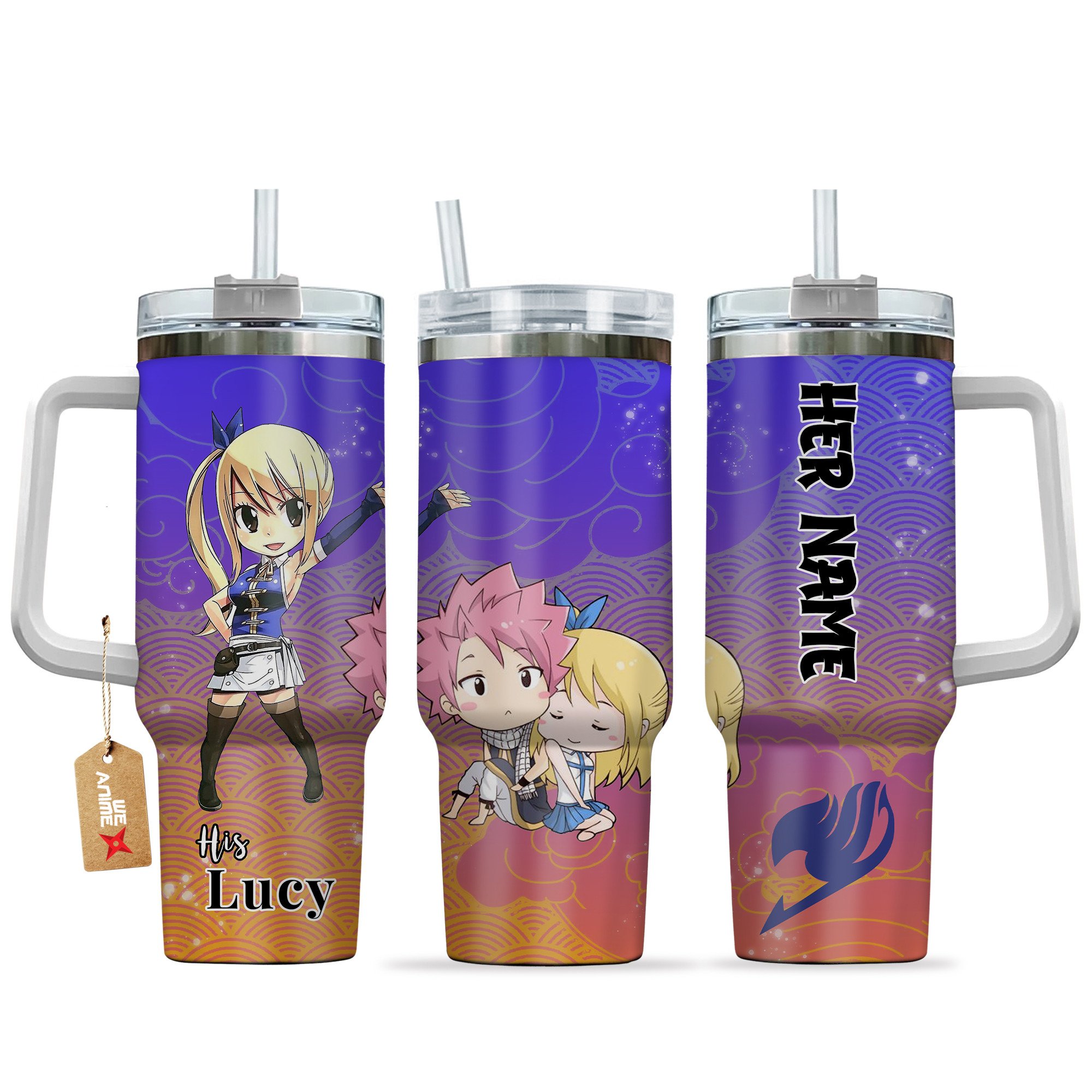 Hydratemerch Natsu Dragneel & Lucy Heartfilia Fairy Tail Anime Valentine Custom Stanley Quencher 40oz Stainless Steel Tumbler With Handle
