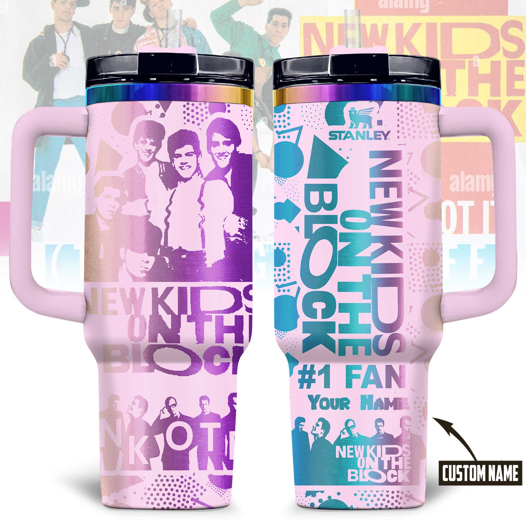 Hydratemerch New Kids on the Block Music Custom Stanley Quencher 40oz Stainless Steel Tumbler With Handle