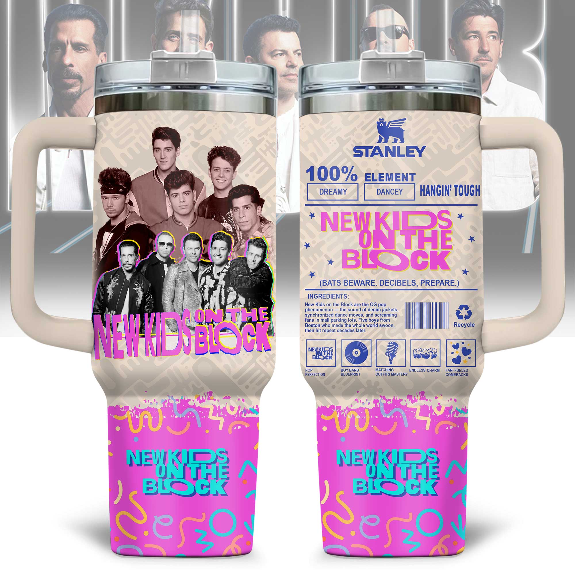 Hydratemerch New Kids on the Block Music Custom Stanley Quencher 40oz Stainless Steel Tumbler With Handle