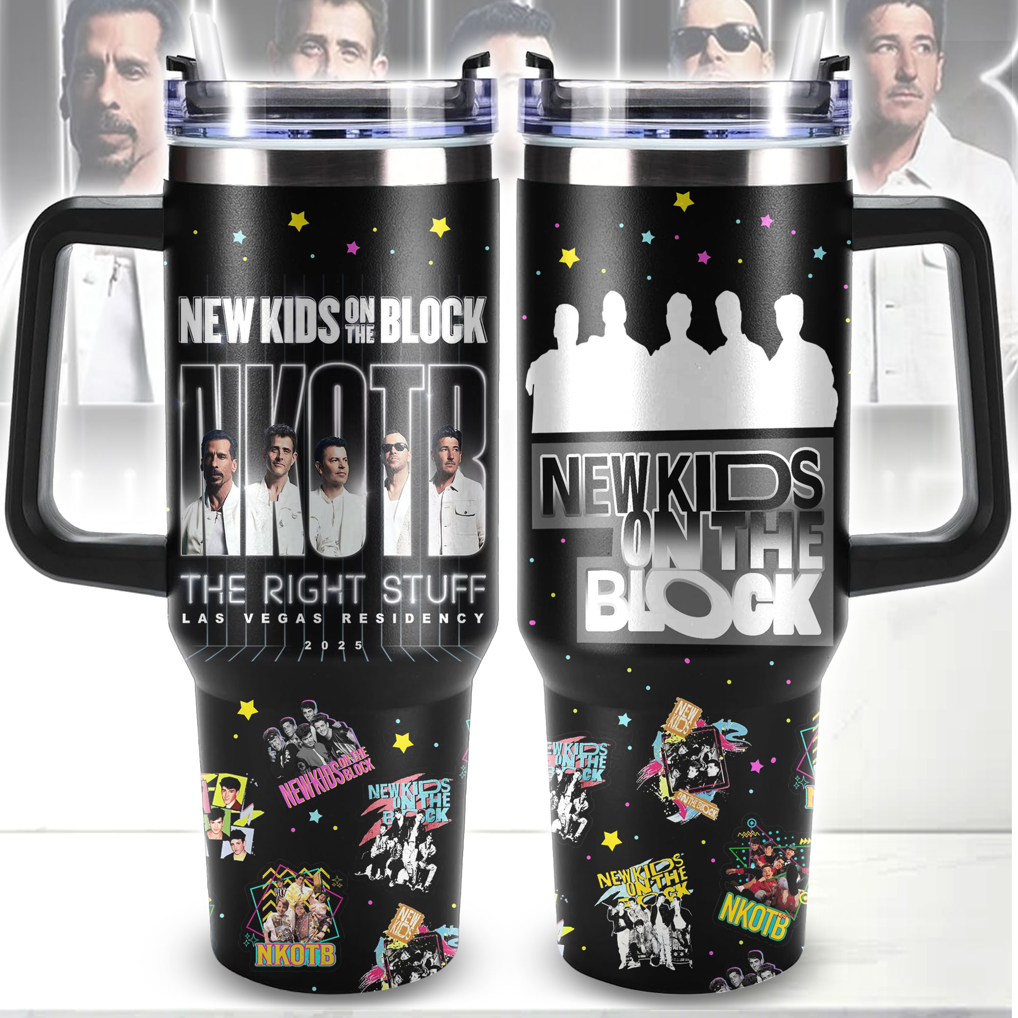 Hydratemerch New Kids on the Block Music Custom Stanley Quencher 40oz Stainless Steel Tumbler With Handle