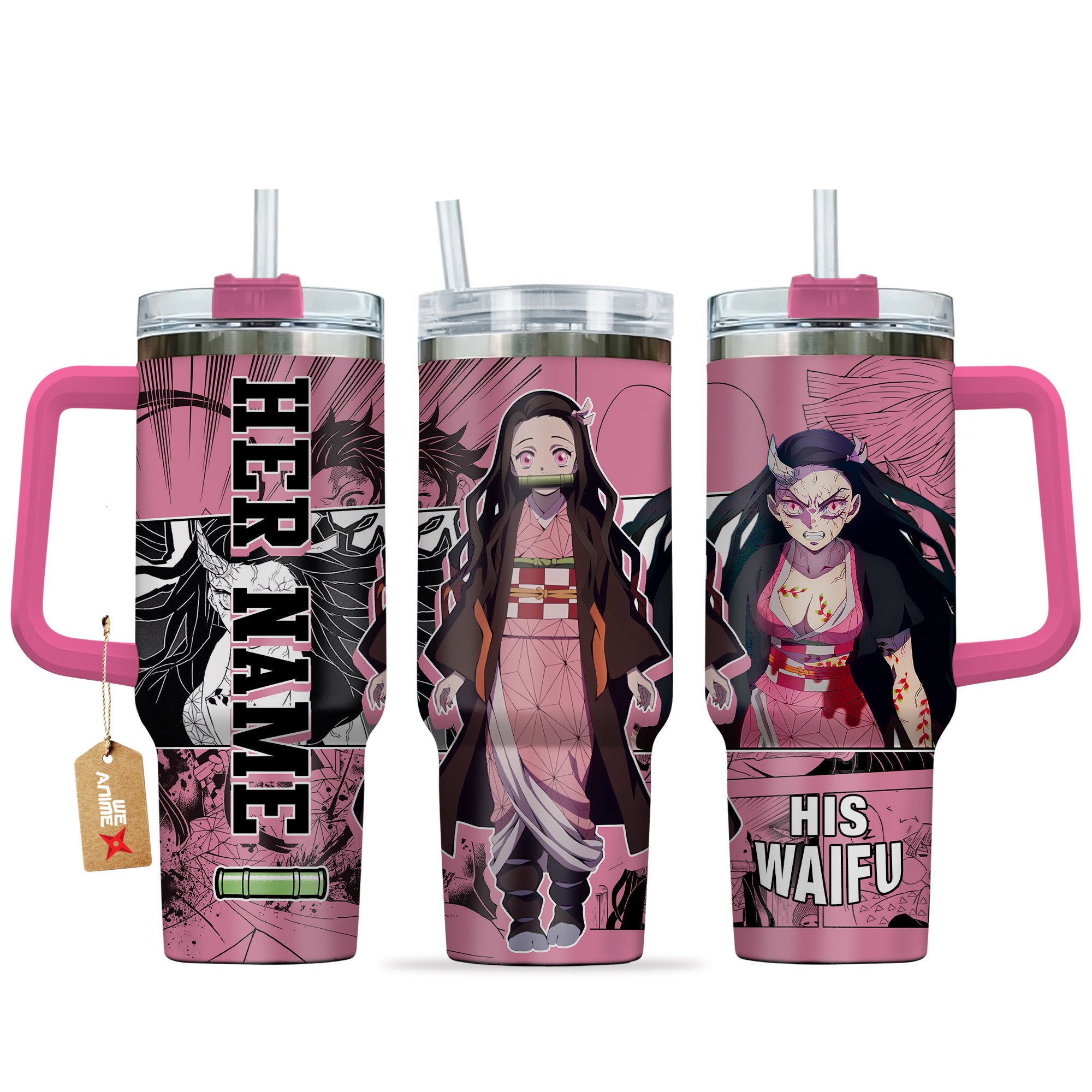 Hydratemerch Nezuko Kamado Demon Slayer Anime Custom Stanley Quencher 40oz Stainless Steel Tumbler With Handle