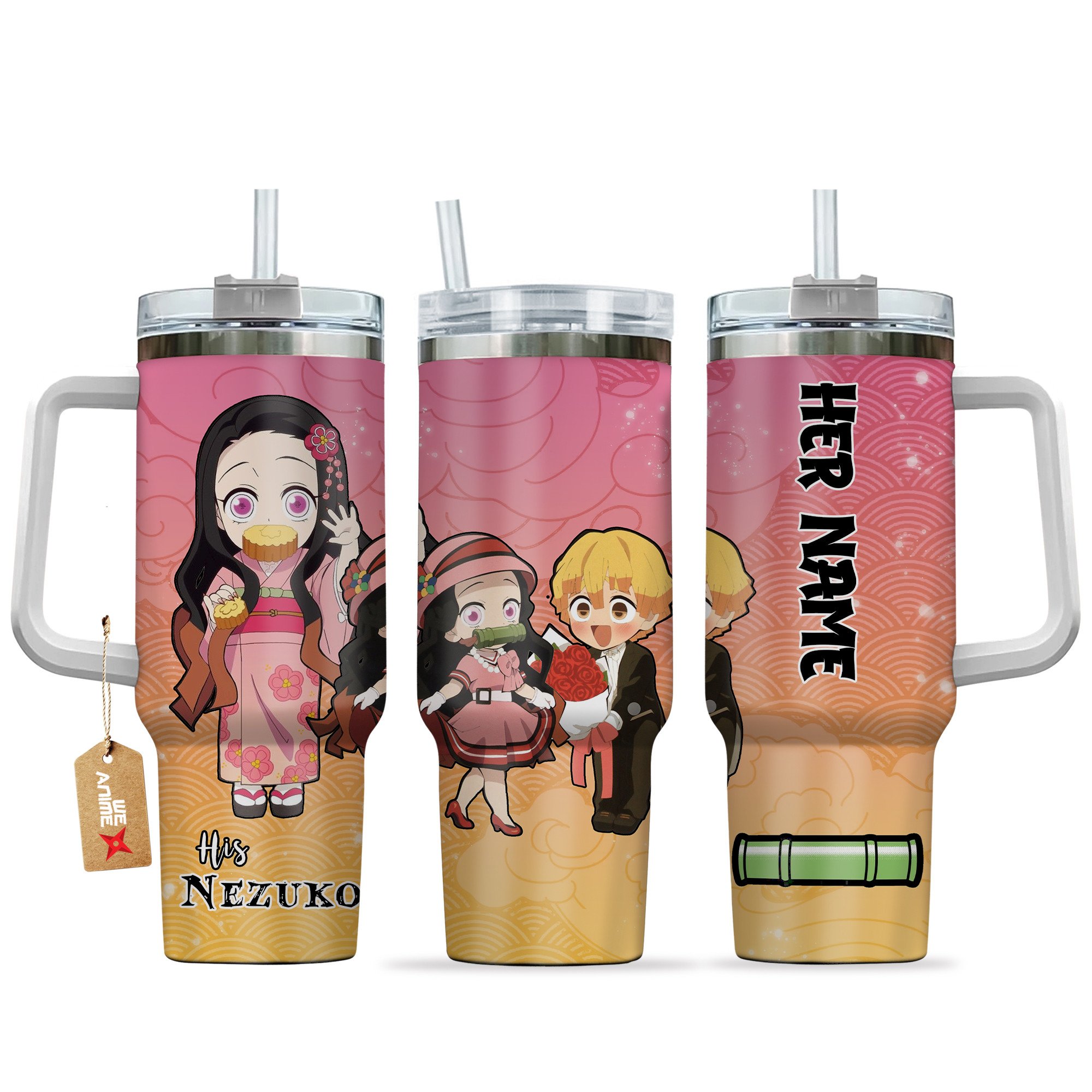 Hydratemerch Nezuko Kamado Demon Slayer Anime Valentine Custom Stanley Quencher 40oz Stainless Steel Tumbler With Handle