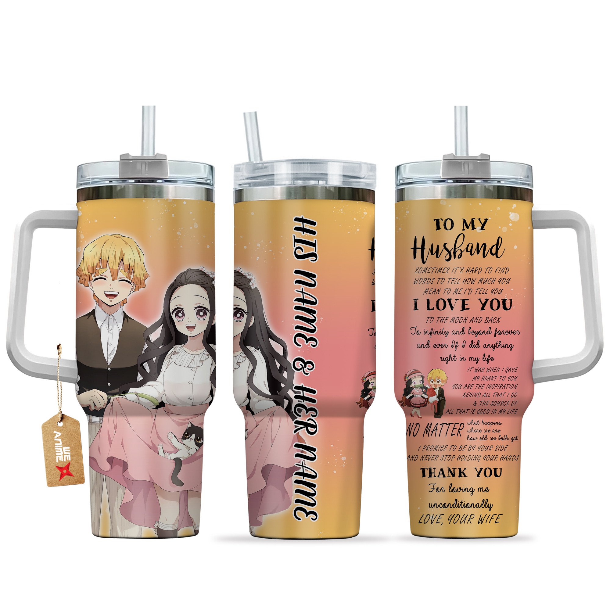 Hydratemerch Nezuko Kamado & Zenitsu Demon Slayer Anime Valentine Custom Stanley Quencher 40oz Stainless Steel Tumbler With Handle