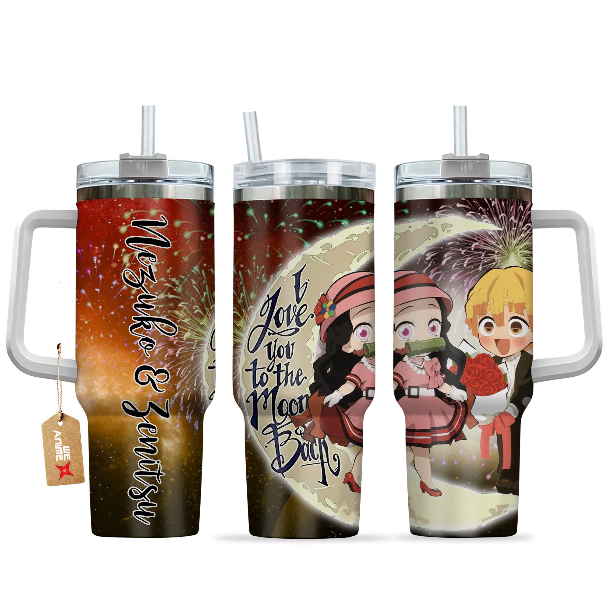 Hydratemerch Nezuko Kamado & Zenitsu Demon Slayer Anime Valentine Custom Stanley Quencher 40oz Stainless Steel Tumbler With Handle