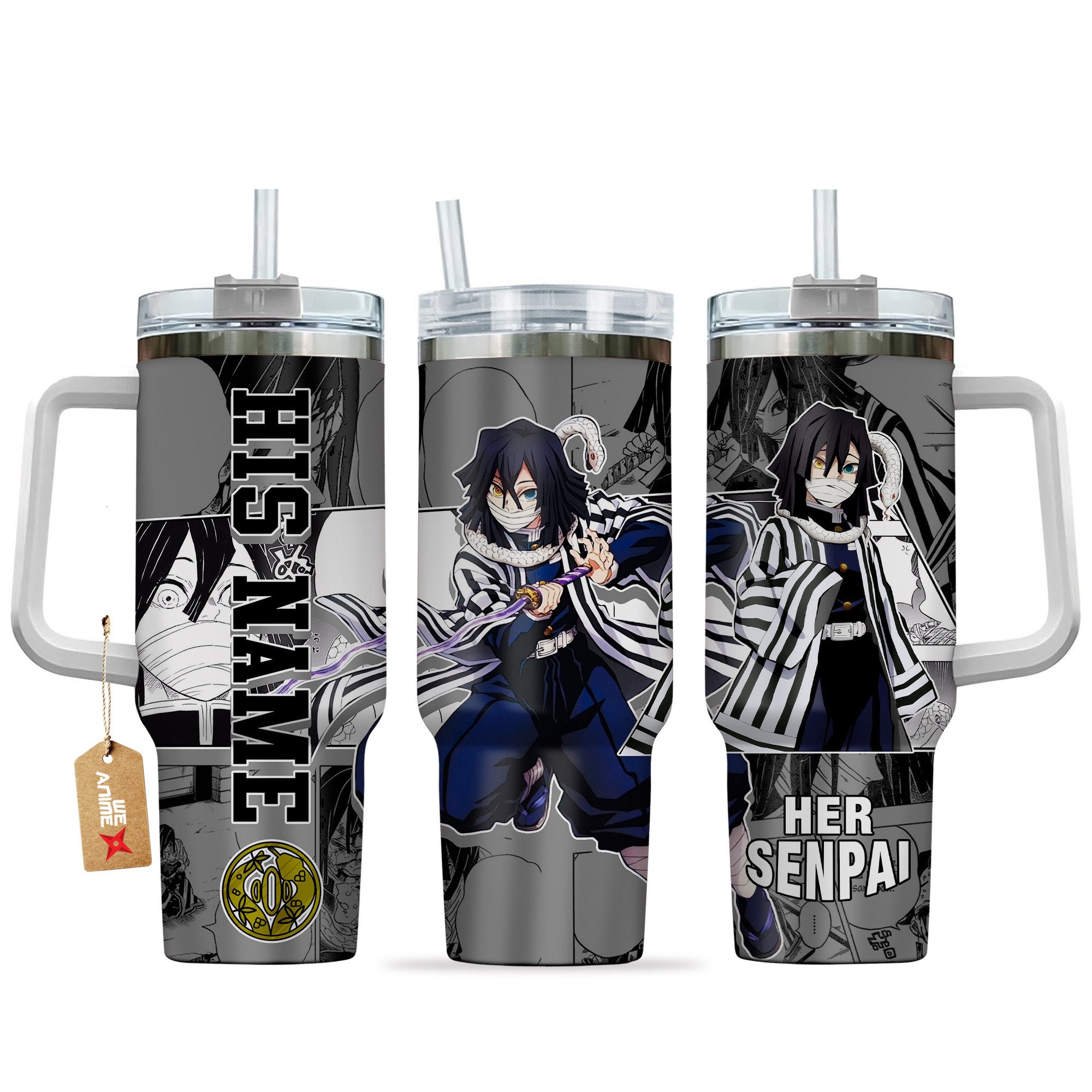 Hydratemerch Obanai Iguro Demon Slayer Anime Custom Stanley Quencher 40oz Stainless Steel Tumbler With Handle