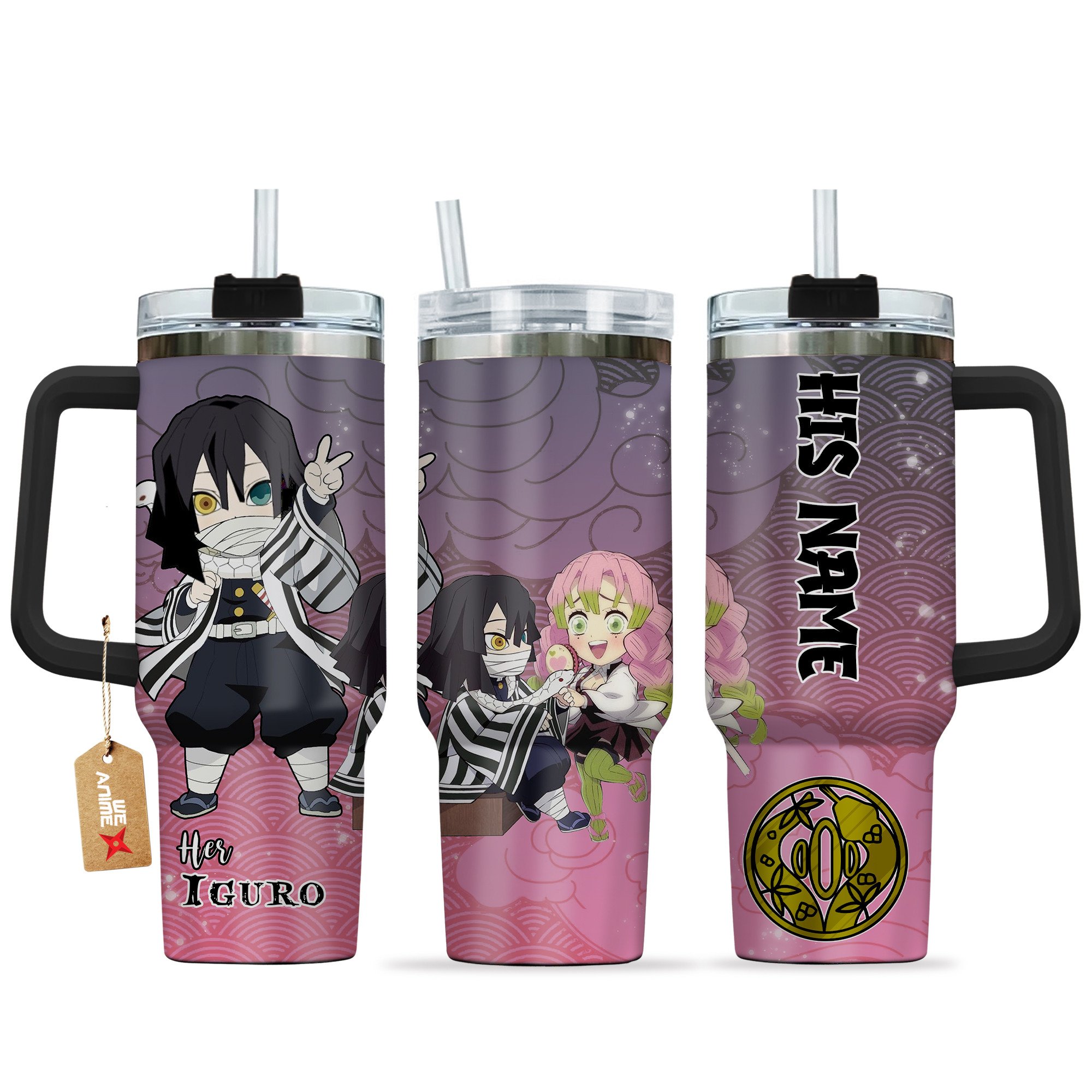 Hydratemerch Obanai Iguro Demon Slayer Anime Valentine Custom Stanley Quencher 40oz Stainless Steel Tumbler With Handle