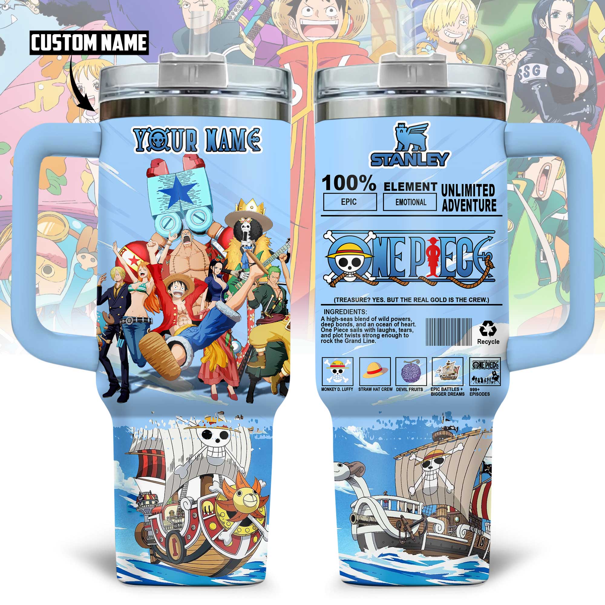 Hydratemerch One Piece Anime Custom Stanley Quencher 40oz Stainless Steel Tumbler With Handle