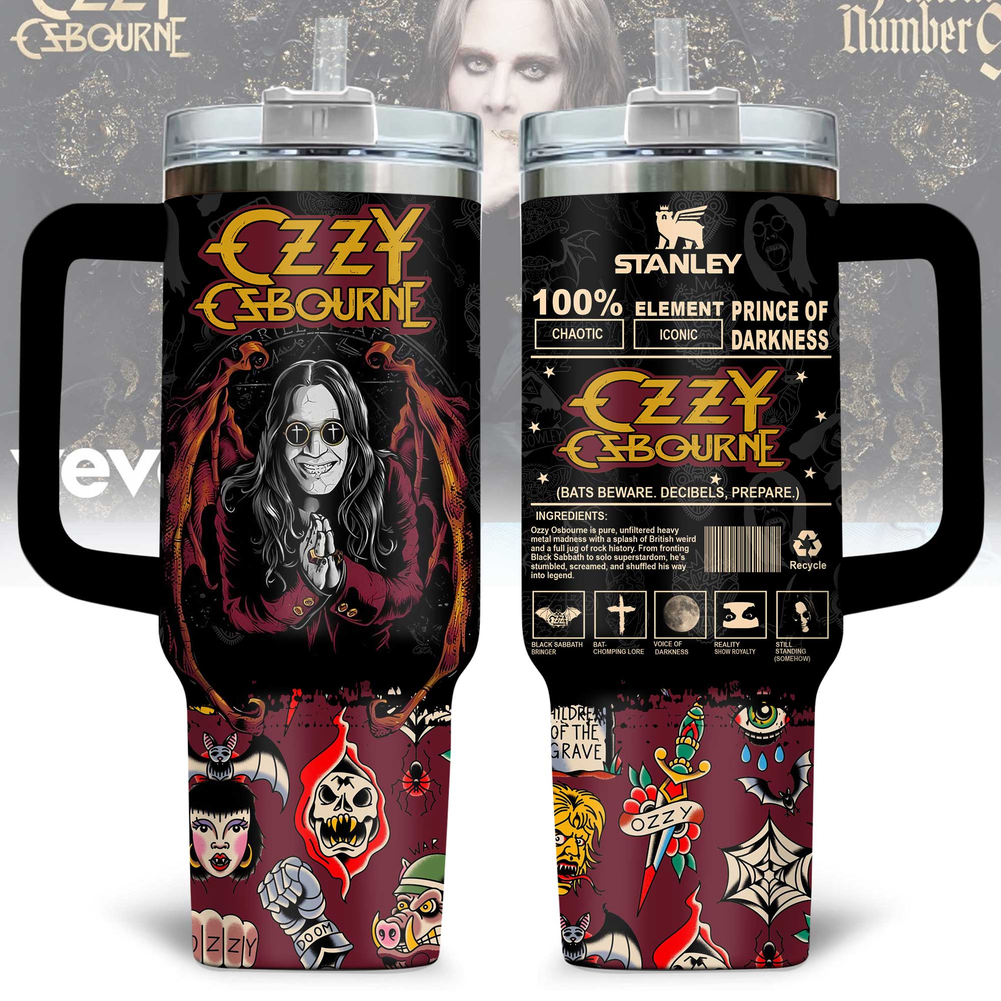Hydratemerch Ozzy Osbourne Music Custom Stanley Quencher 40oz Stainless Steel Tumbler With Handle