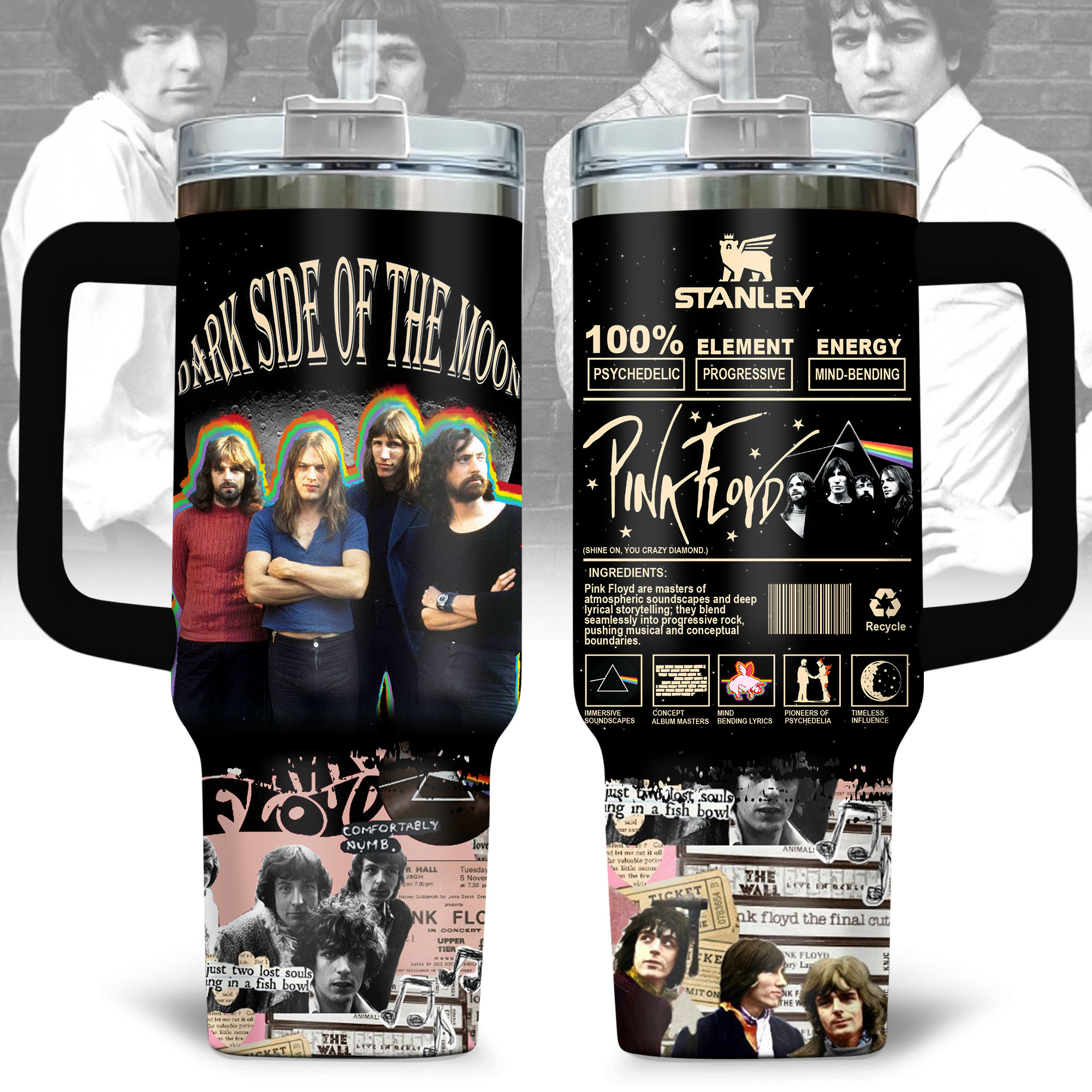 Hydratemerch Pink Floyd Music Custom Stanley Quencher 40oz Stainless Steel Tumbler With Handle
