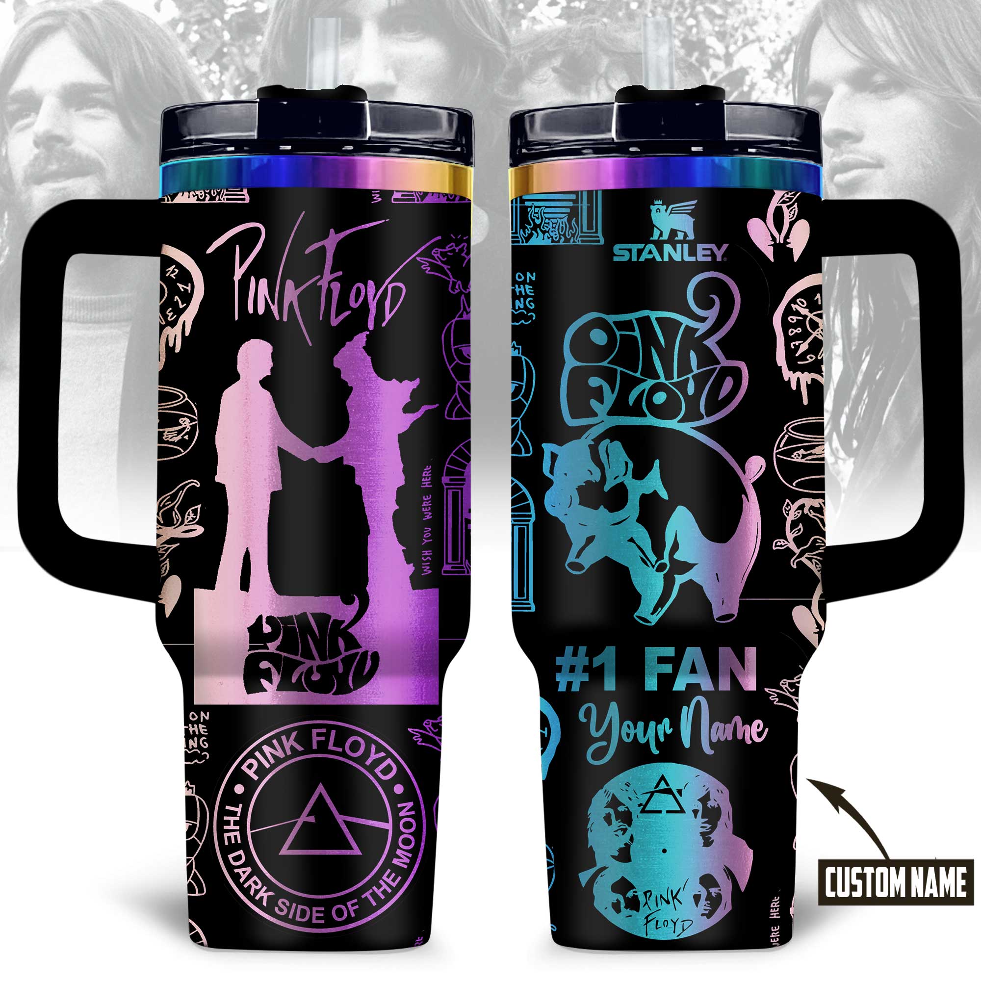 Hydratemerch Pink Floyd Music Custom Stanley Quencher 40oz Stainless Steel Tumbler With Handle