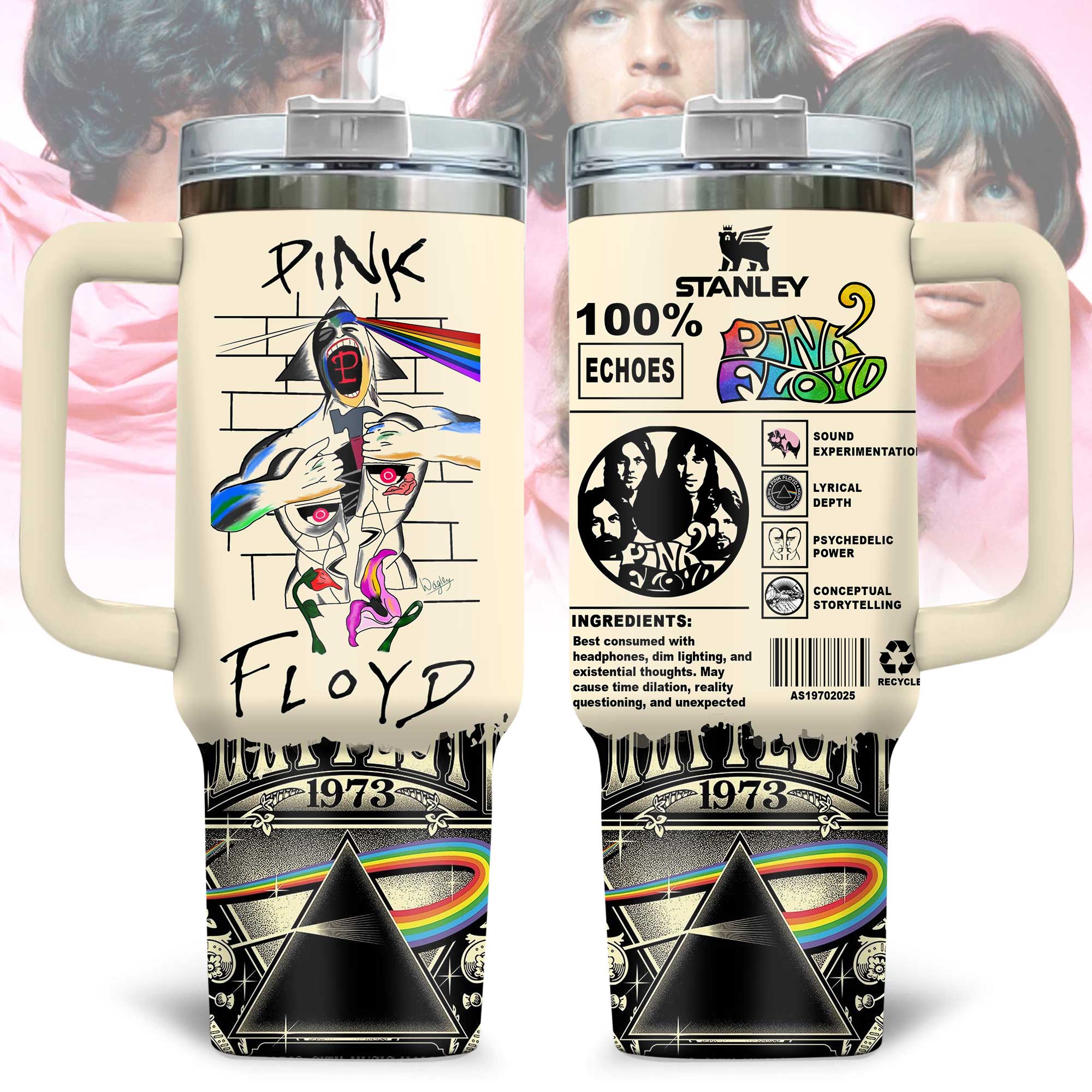 Hydratemerch Pink Floyd Music Custom Stanley Quencher 40oz Stainless Steel Tumbler With Handle