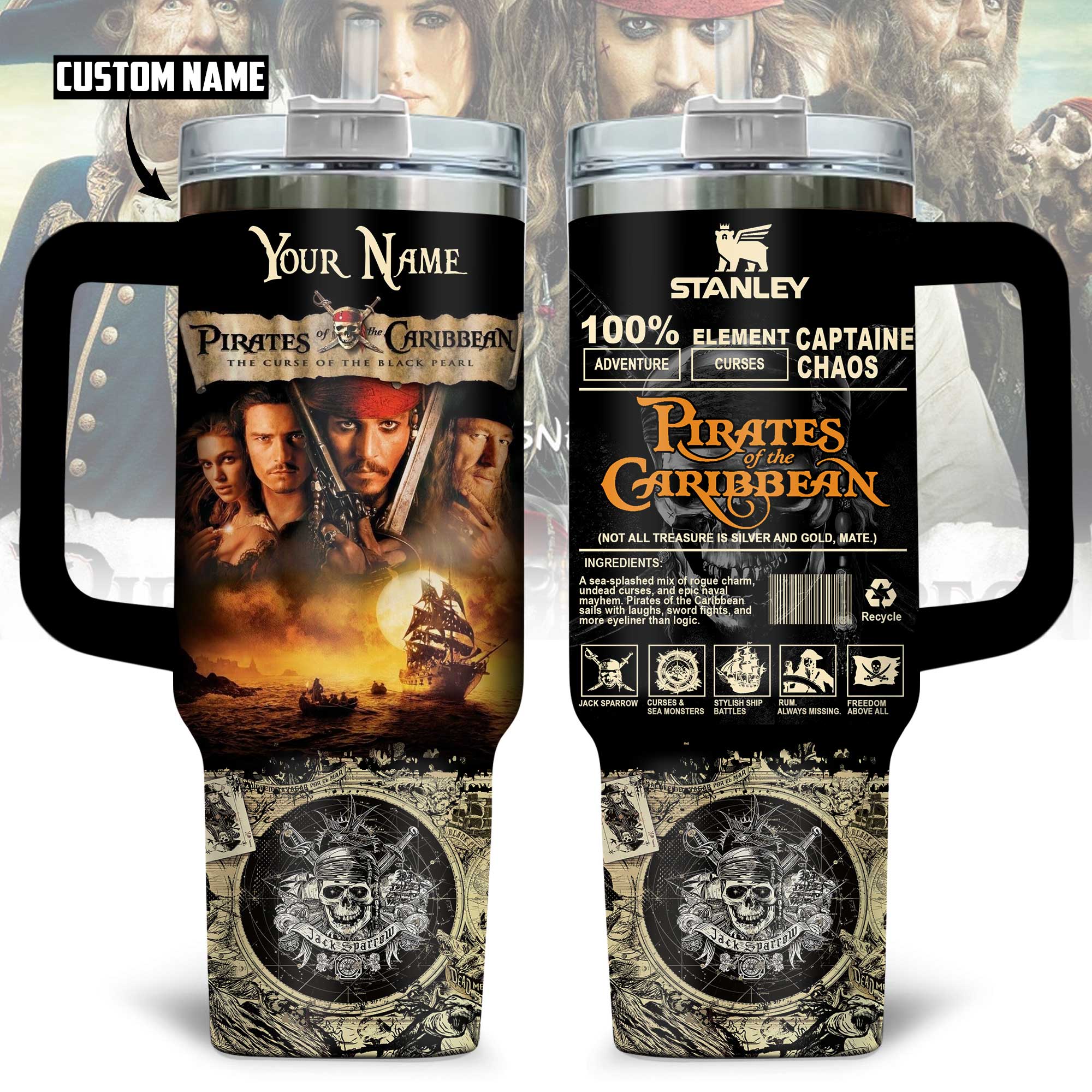 Hydratemerch Pirates of the Caribbean Movies Custom Stanley Quencher 40oz Stainless Steel Tumbler With Handle