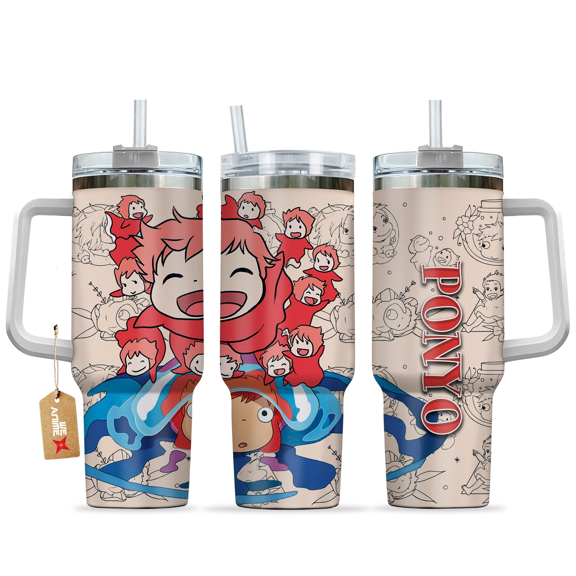 Hydratemerch Ponyo Ponyo Anime Custom Stanley Quencher 40oz Stainless Steel Tumbler With Handle