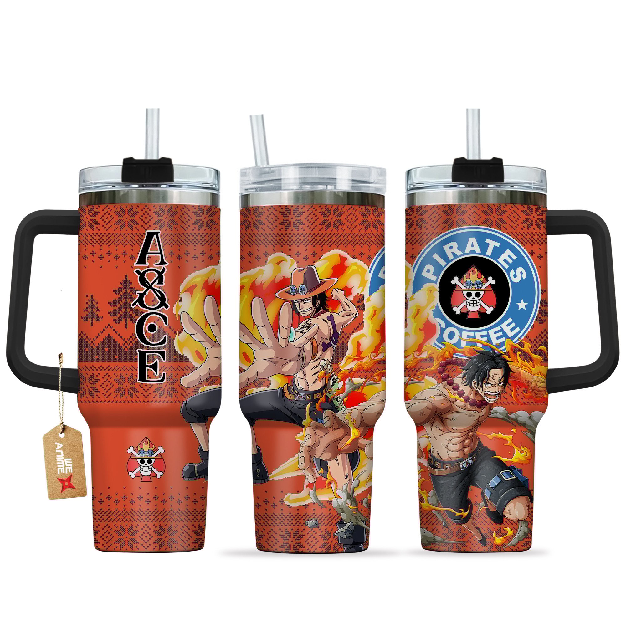 Hydratemerch Portgas D. Ace One Piece Anime Custom Stanley Quencher 40oz Stainless Steel Tumbler With Handle