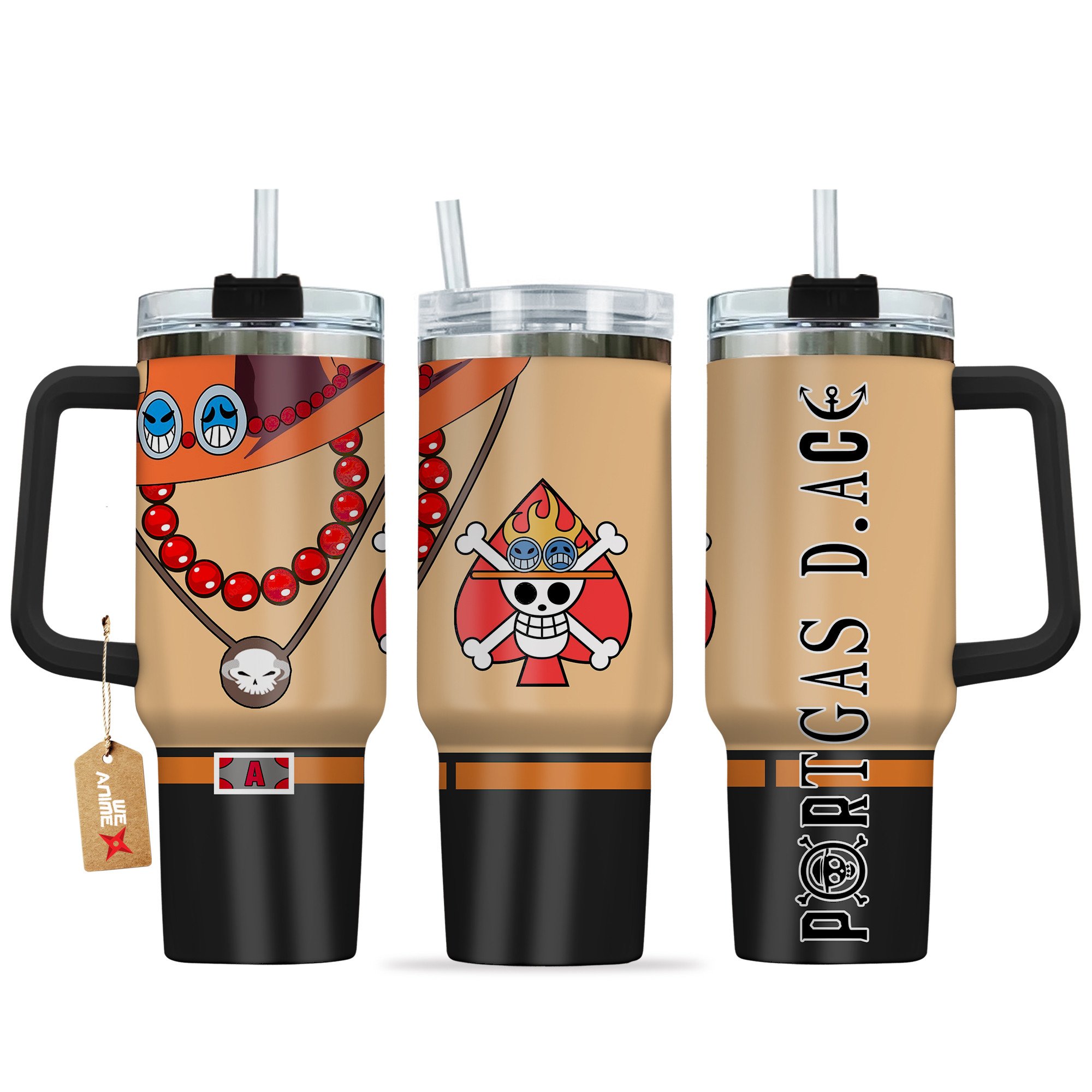 Hydratemerch Portgas D. Ace One Piece Anime Custom Stanley Quencher 40oz Stainless Steel Tumbler With Handle