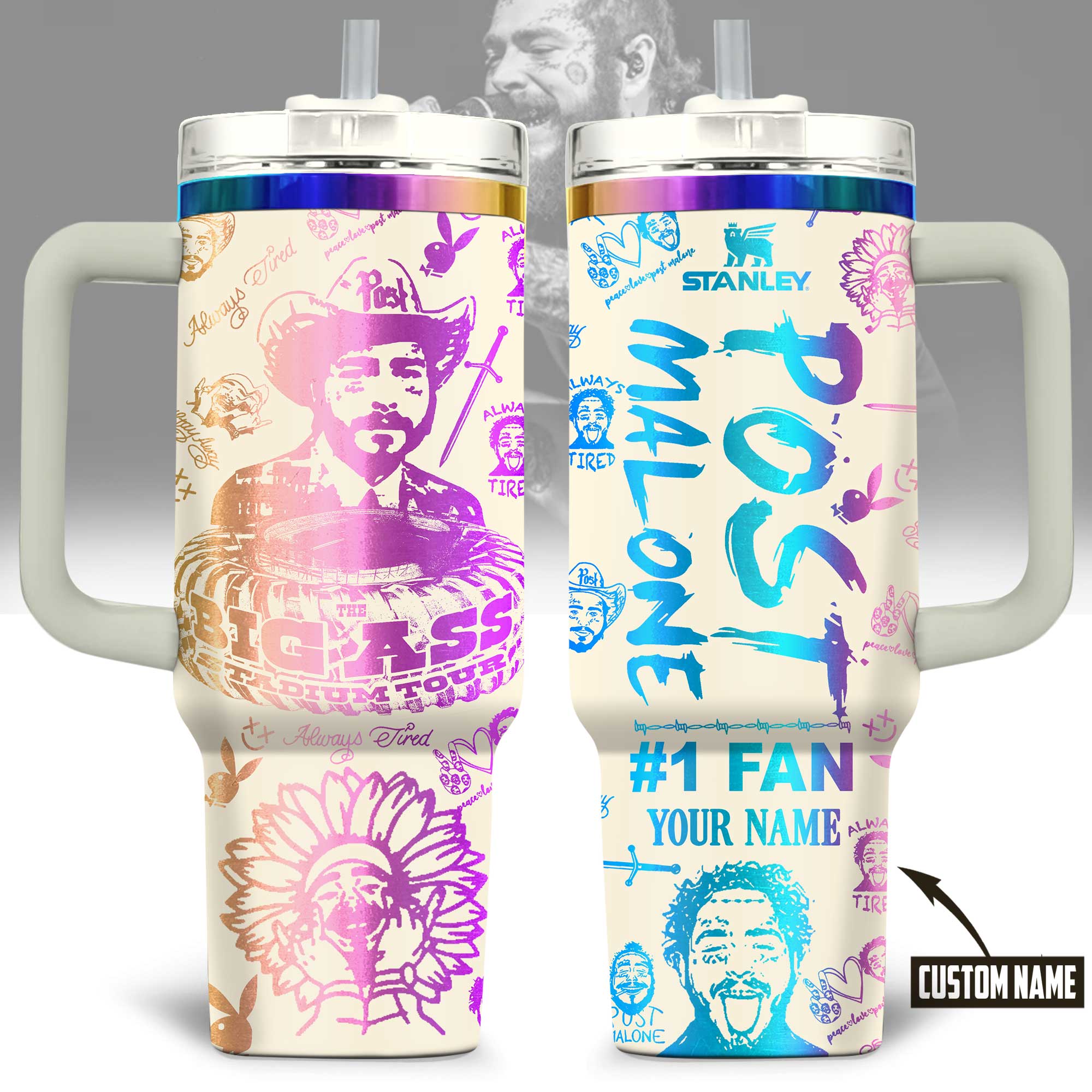 Hydratemerch Post Malone Music Custom Stanley Quencher 40oz Stainless Steel Tumbler With Handle