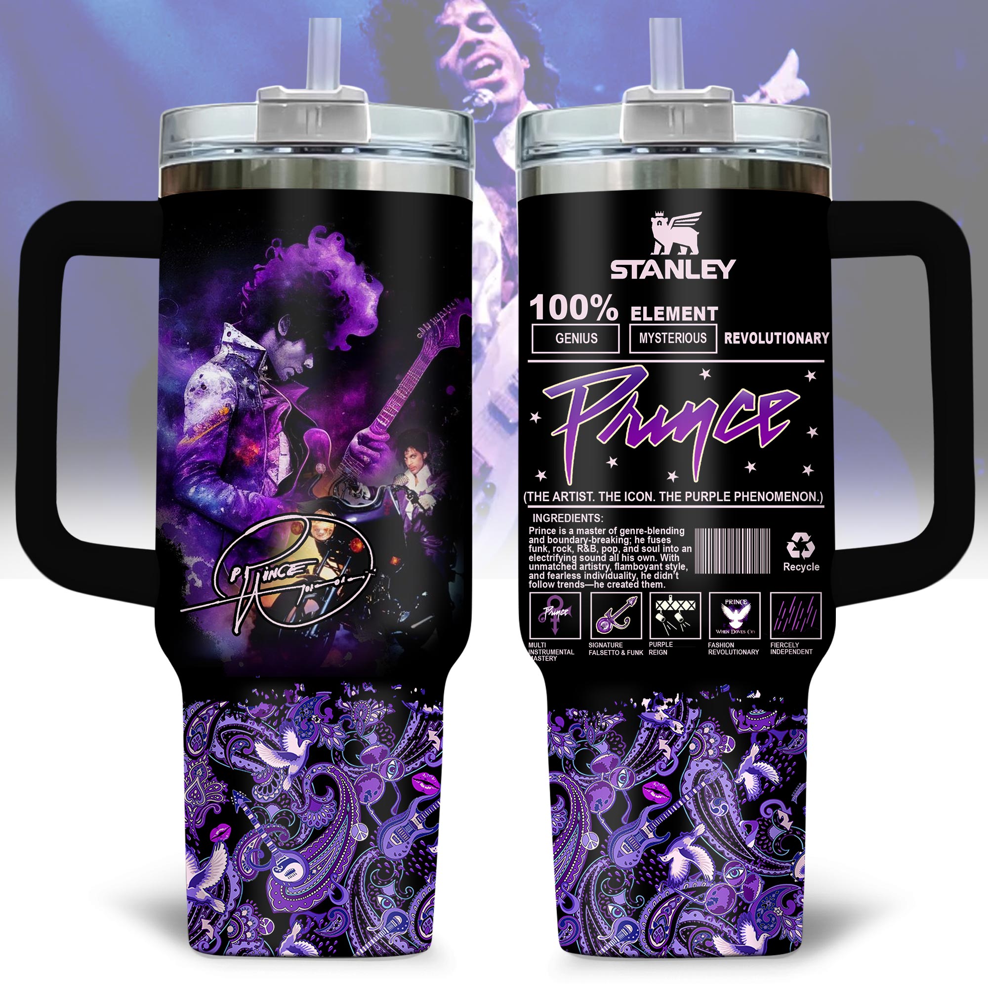 Hydratemerch Prince Music Custom Stanley Quencher 40oz Stainless Steel Tumbler With Handle
