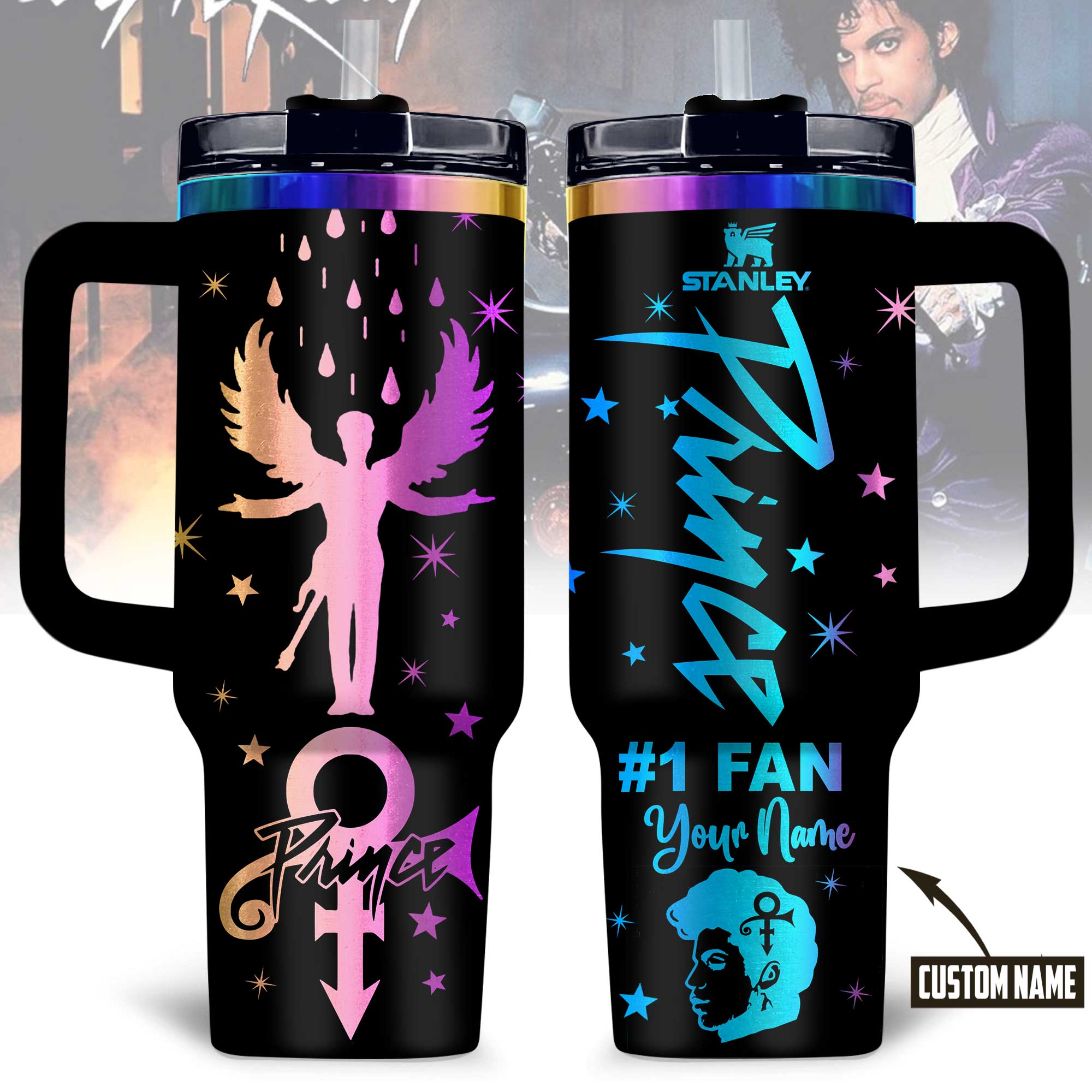Hydratemerch Prince Music Custom Stanley Quencher 40oz Stainless Steel Tumbler With Handle