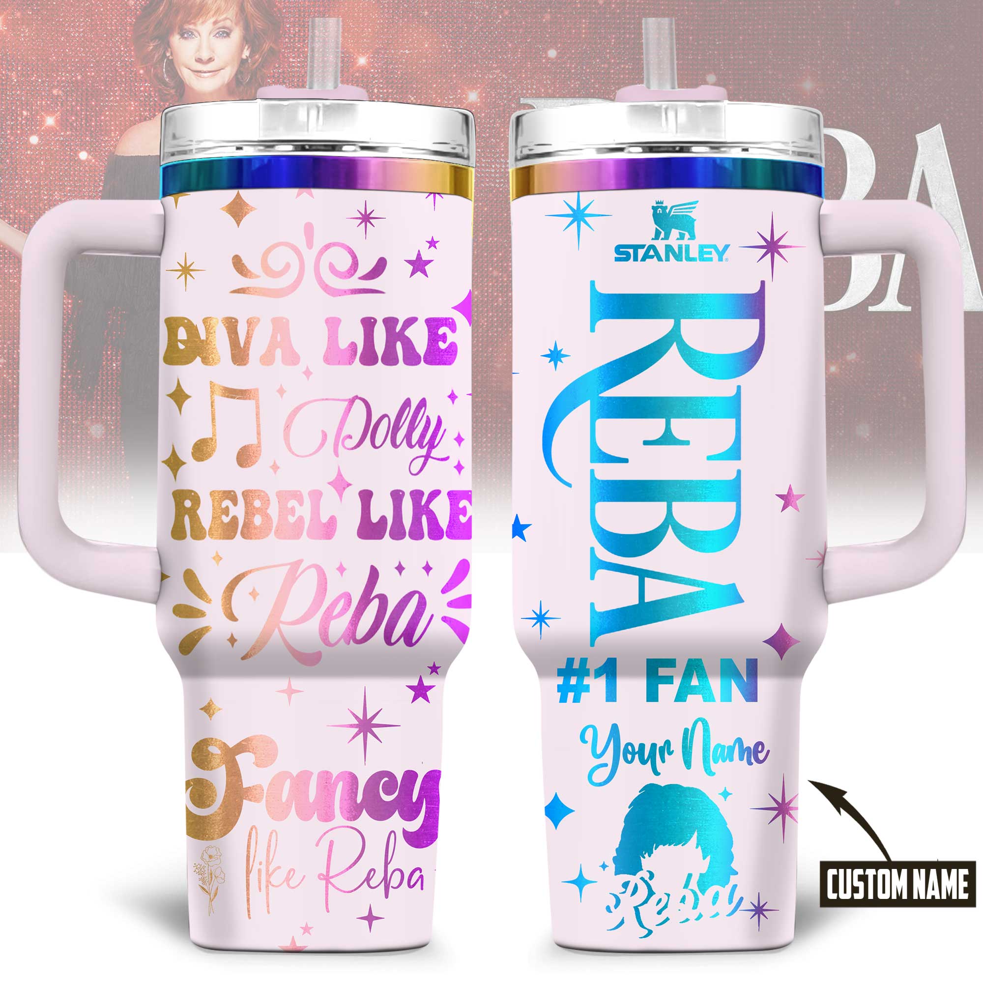 Hydratemerch Reba McEntire Music Custom Stanley Quencher 40oz Stainless Steel Tumbler With Handle