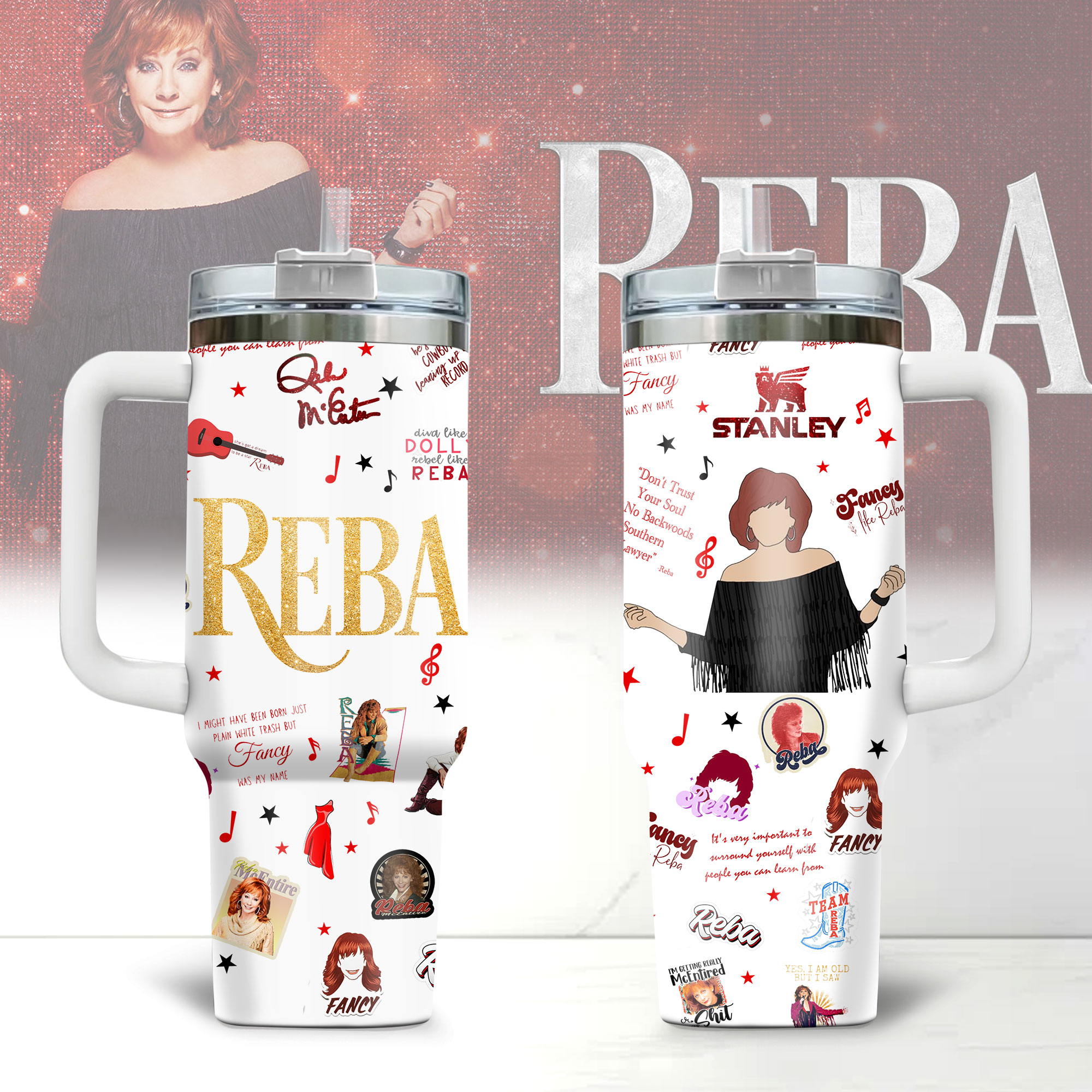 Hydratemerch Reba McEntire Music Custom Stanley Quencher 40oz Stainless Steel Tumbler With Handle