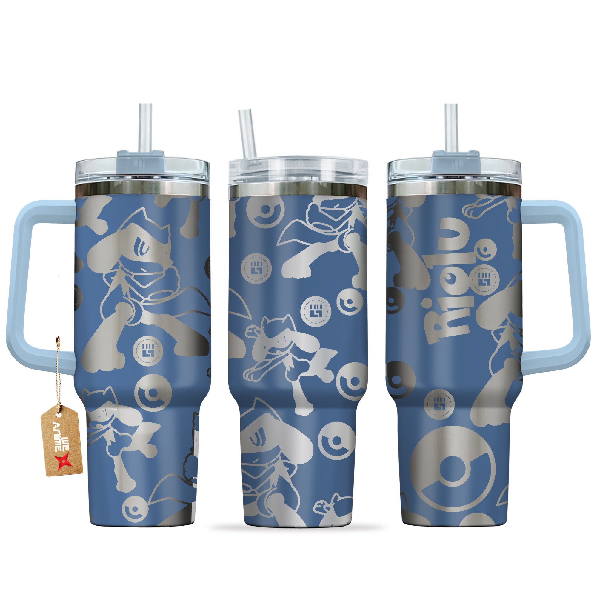 Hydratemerch Riolu Pokemon Anime Custom Stanley Quencher 40oz Stainless Steel Tumbler With Handle