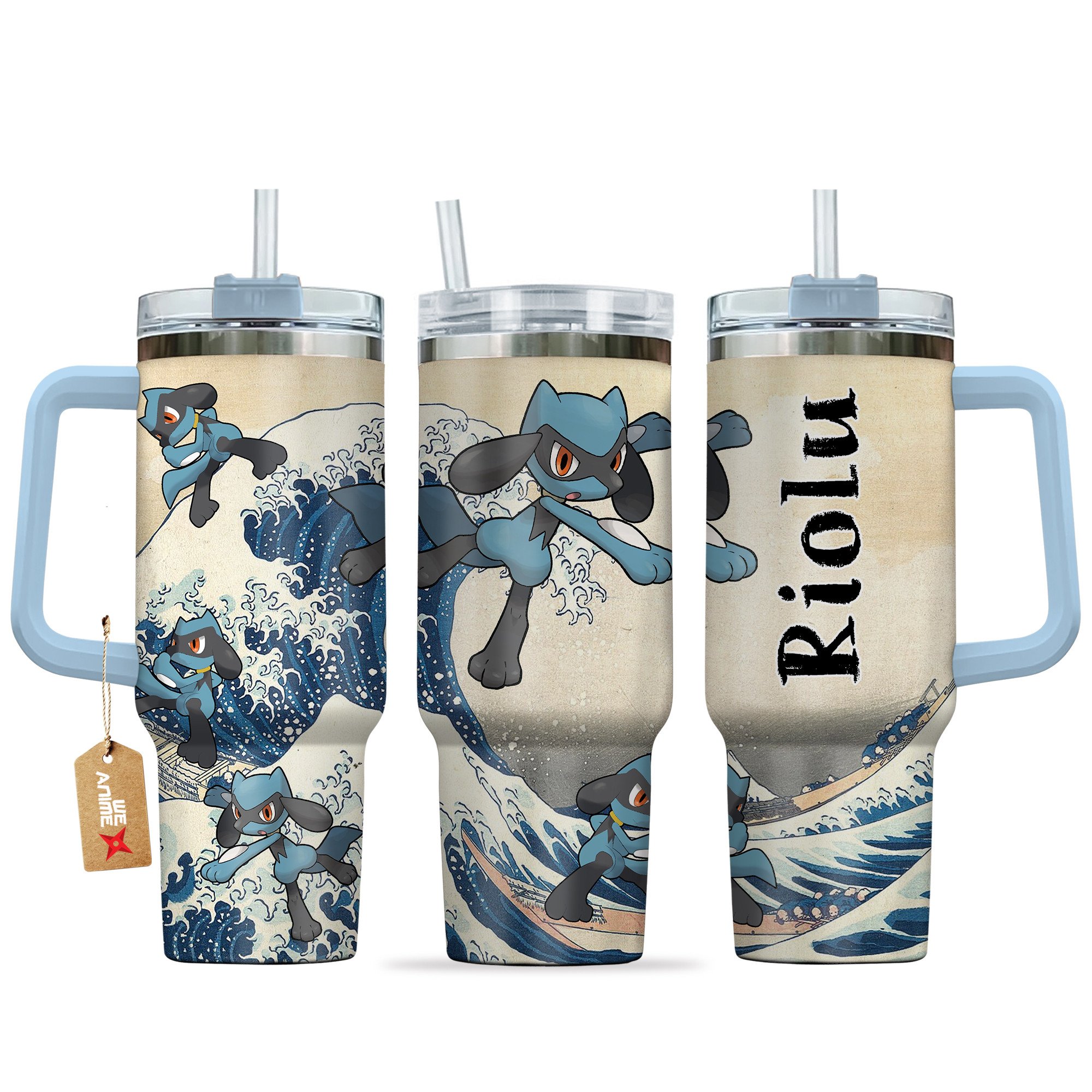 Hydratemerch Riolu Pokemon Anime Custom Stanley Quencher 40oz Stainless Steel Tumbler With Handle