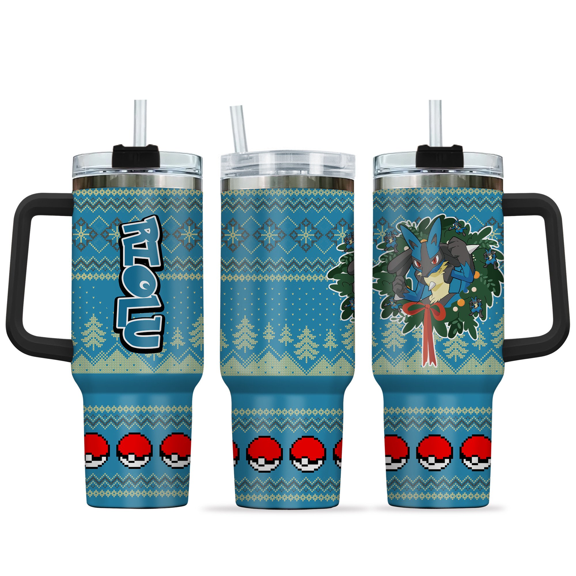 Hydratemerch Riolu Pokemon Anime Custom Stanley Quencher 40oz Stainless Steel Tumbler With Handle