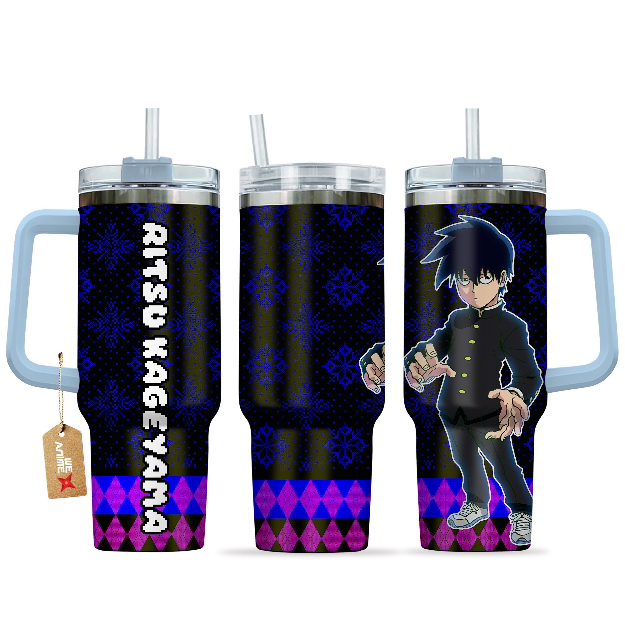 Hydratemerch Ritsu Kageyama Mob Psycho 100 Anime Custom Stanley Quencher 40oz Stainless Steel Tumbler With Handle