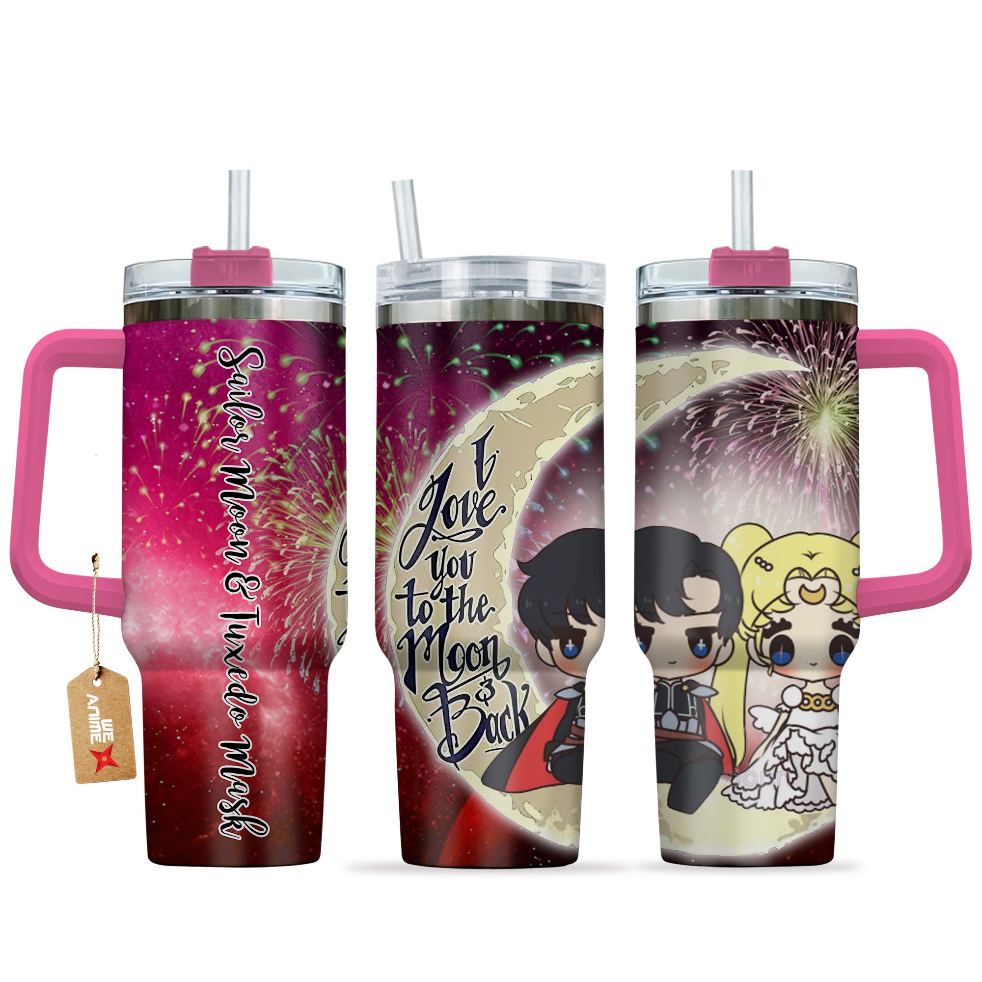 Hydratemerch Sailor Moon & Tuxedo Mask Sailor Moon Anime Valentine Custom Stanley Quencher 40oz Stainless Steel Tumbler With Handle