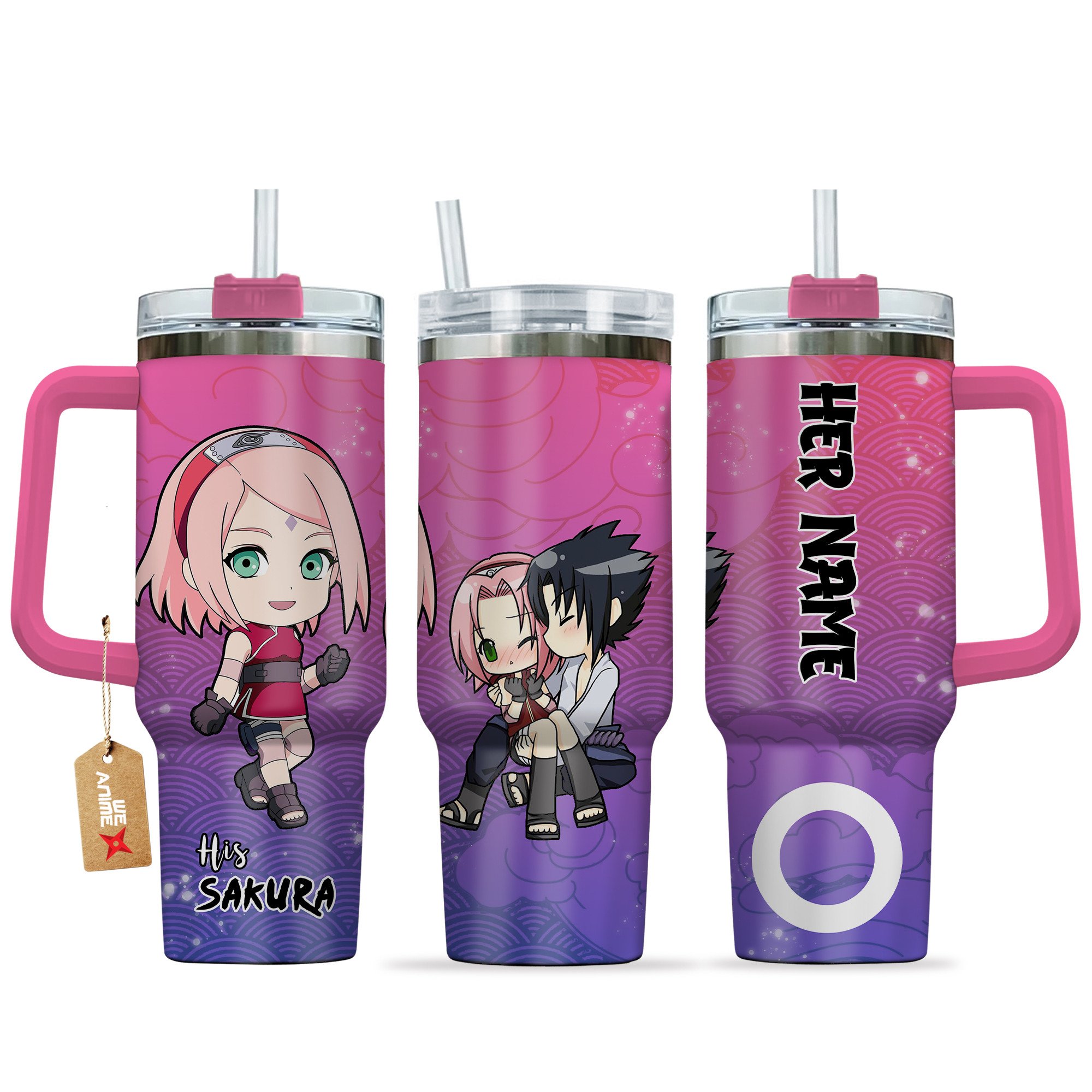 Hydratemerch Sakura Haruno Naruto Anime Valentine Custom Stanley Quencher 40oz Stainless Steel Tumbler With Handle