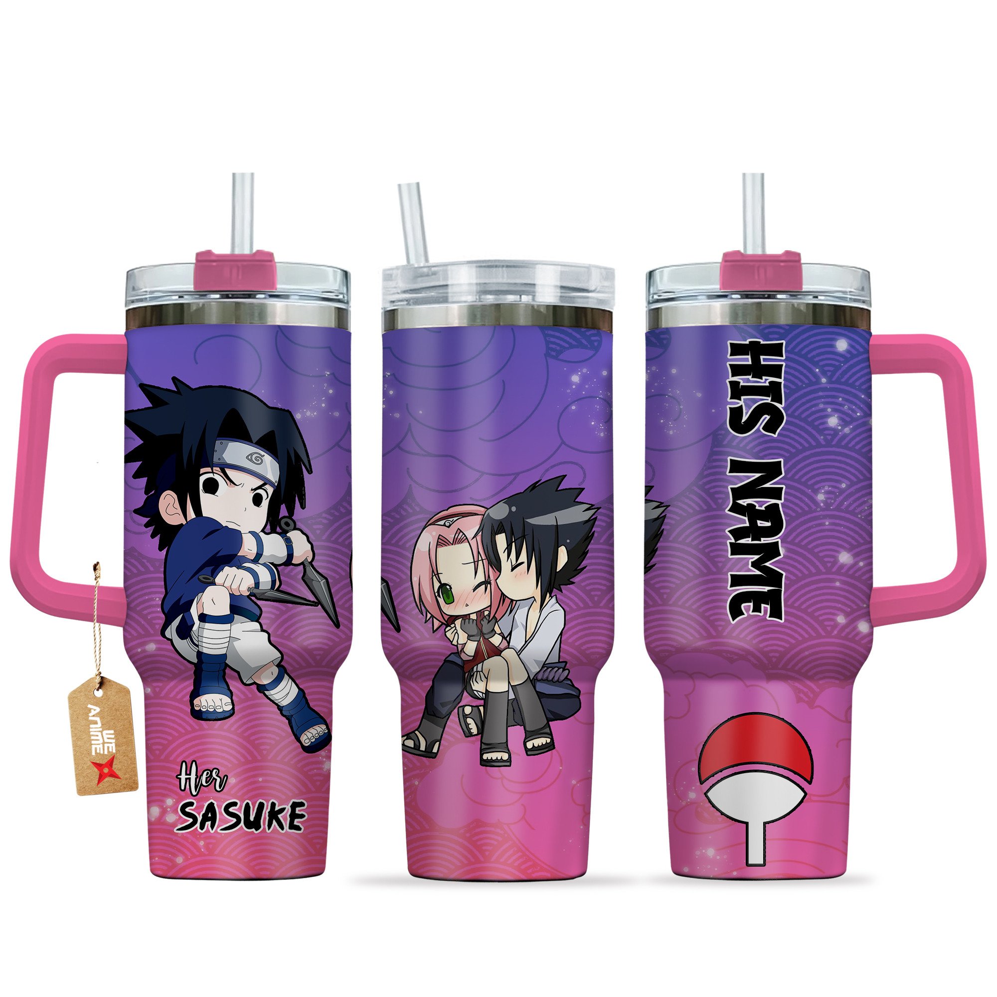Hydratemerch Sasuke Naruto Anime Valentine Custom Stanley Quencher 40oz Stainless Steel Tumbler With Handle