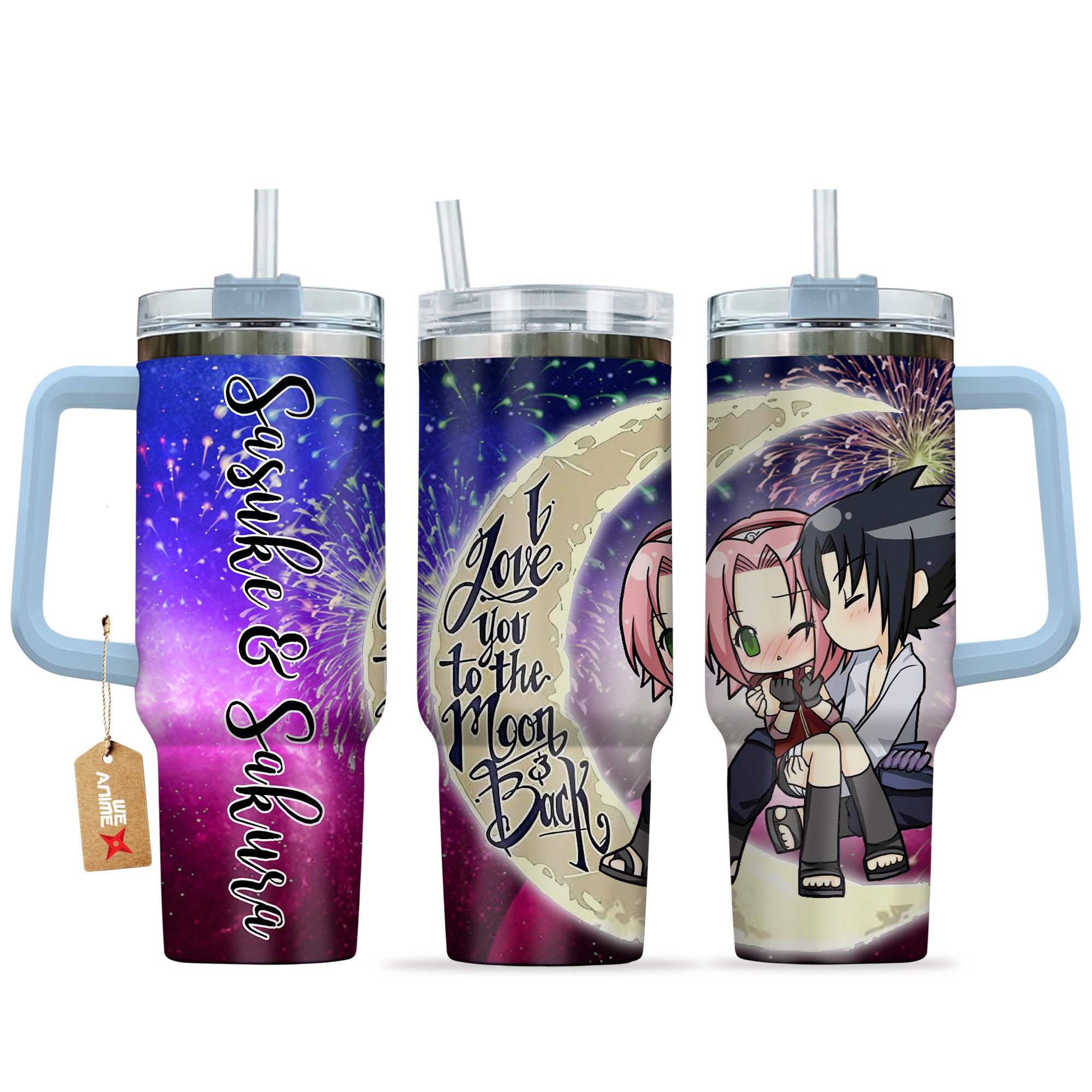 Hydratemerch Sasuke & Sakura Haruno Naruto Anime Valentine Custom Stanley Quencher 40oz Stainless Steel Tumbler With Handle