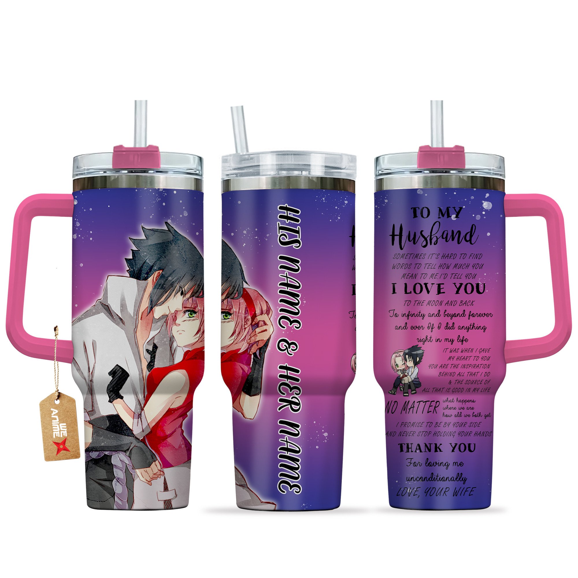 Hydratemerch Sasuke & Sakura Naruto Anime Valentine Custom Stanley Quencher 40oz Stainless Steel Tumbler With Handle