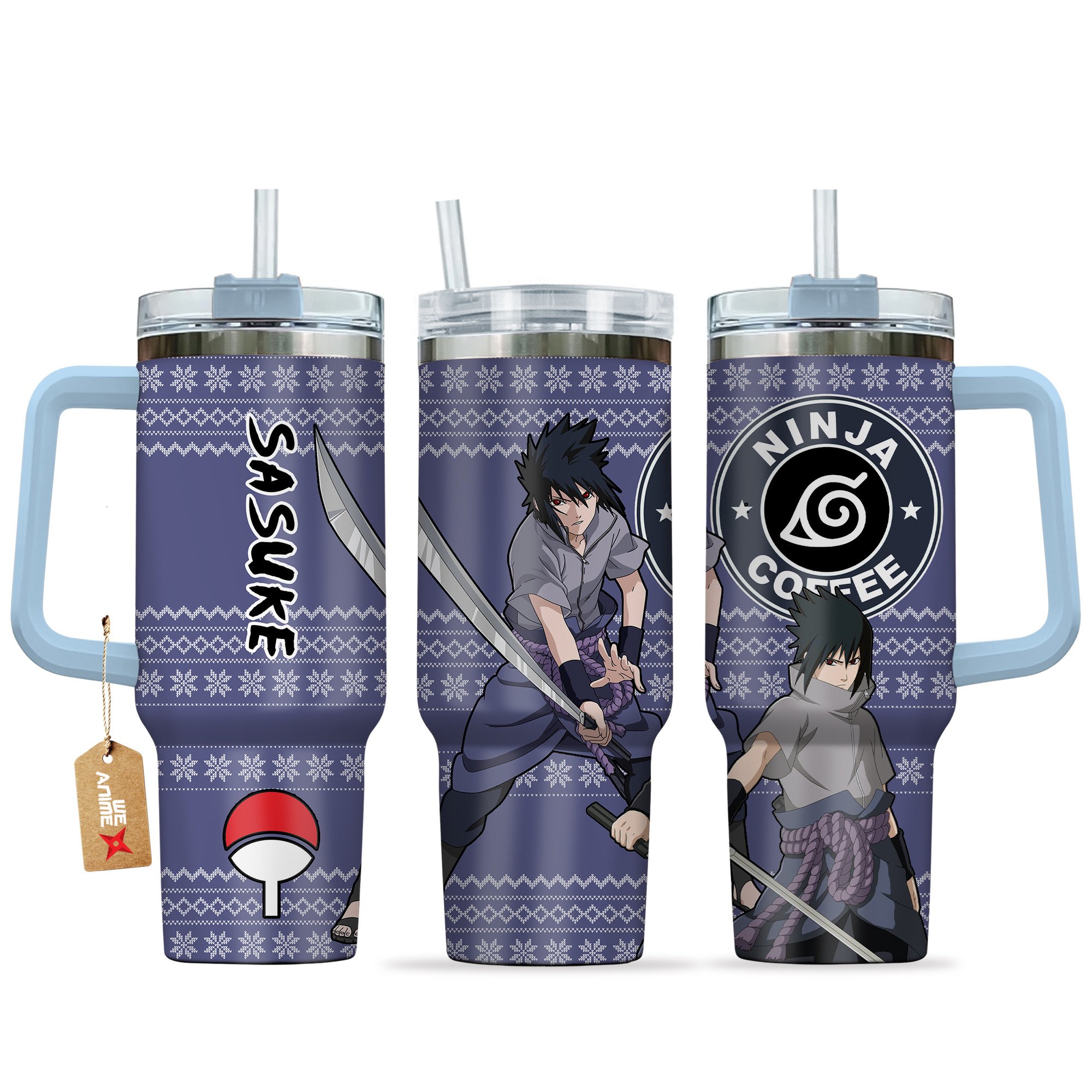 Hydratemerch Sasuke Uchiha Naruto Anime Custom Stanley Quencher 40oz Stainless Steel Tumbler With Handle