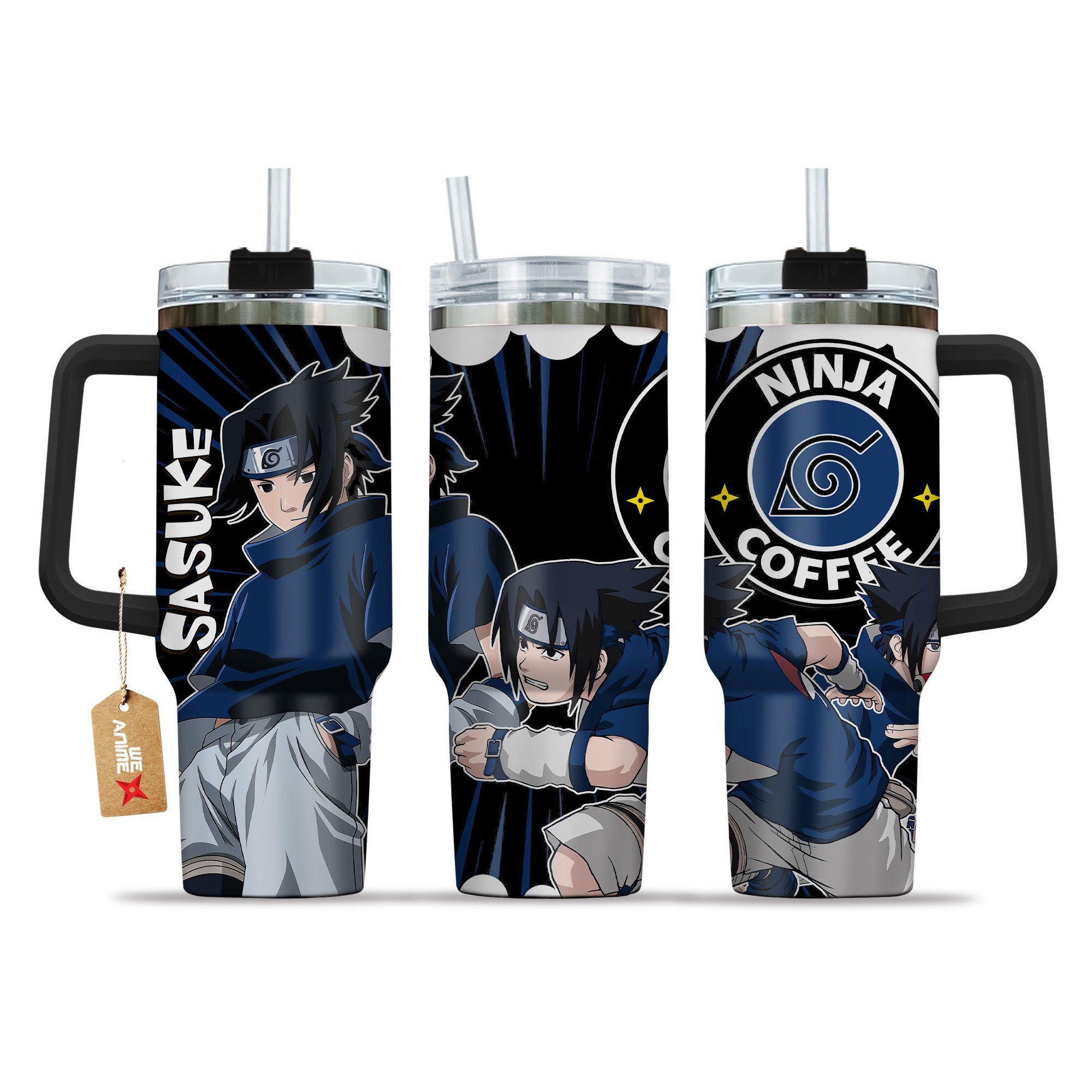 Hydratemerch Sasuke Uchiha Naruto Anime Custom Stanley Quencher 40oz Stainless Steel Tumbler With Handle