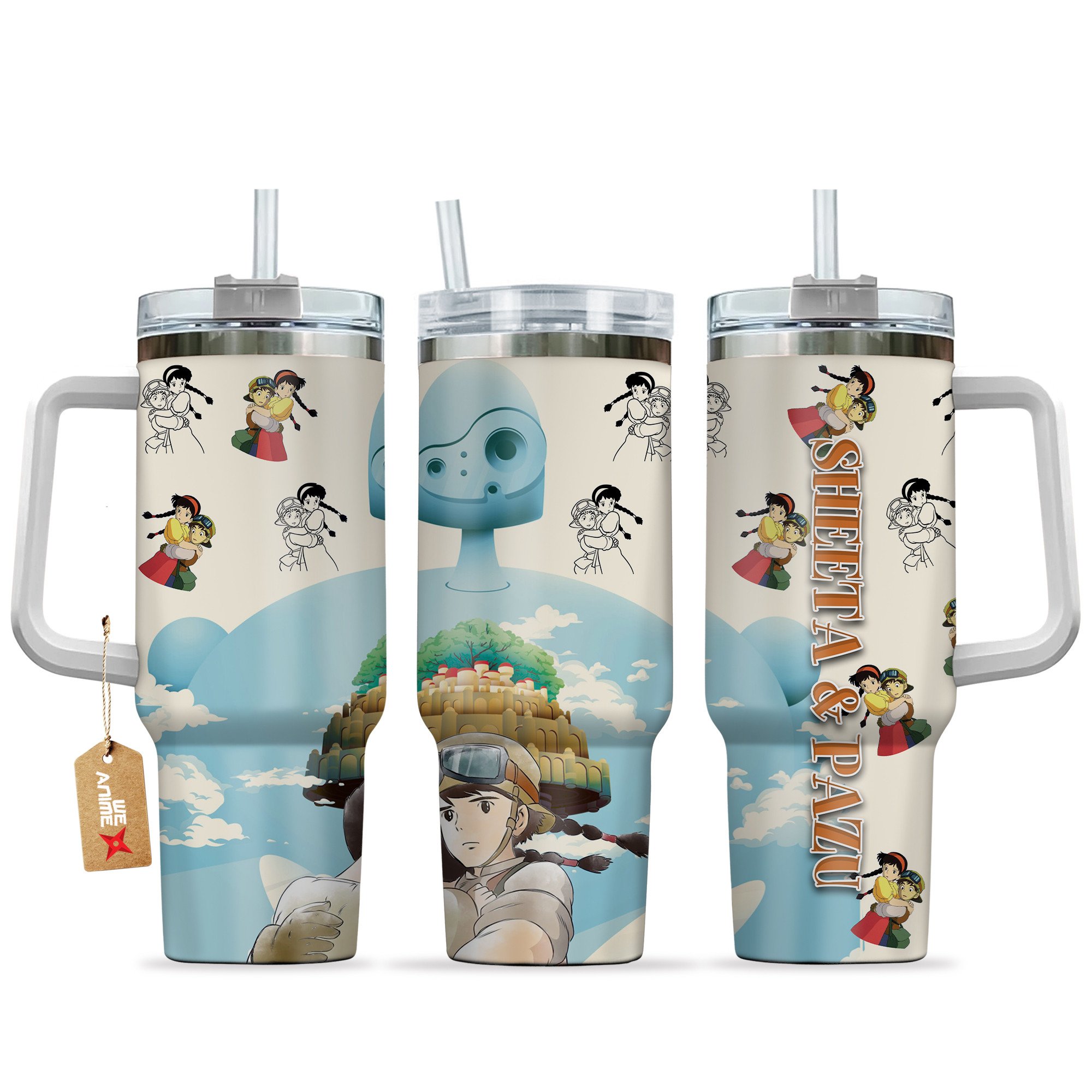 Hydratemerch Sheeta and Pazu Castle in the Sky Anime Custom Stanley Quencher 40oz Stainless Steel Tumbler With Handle