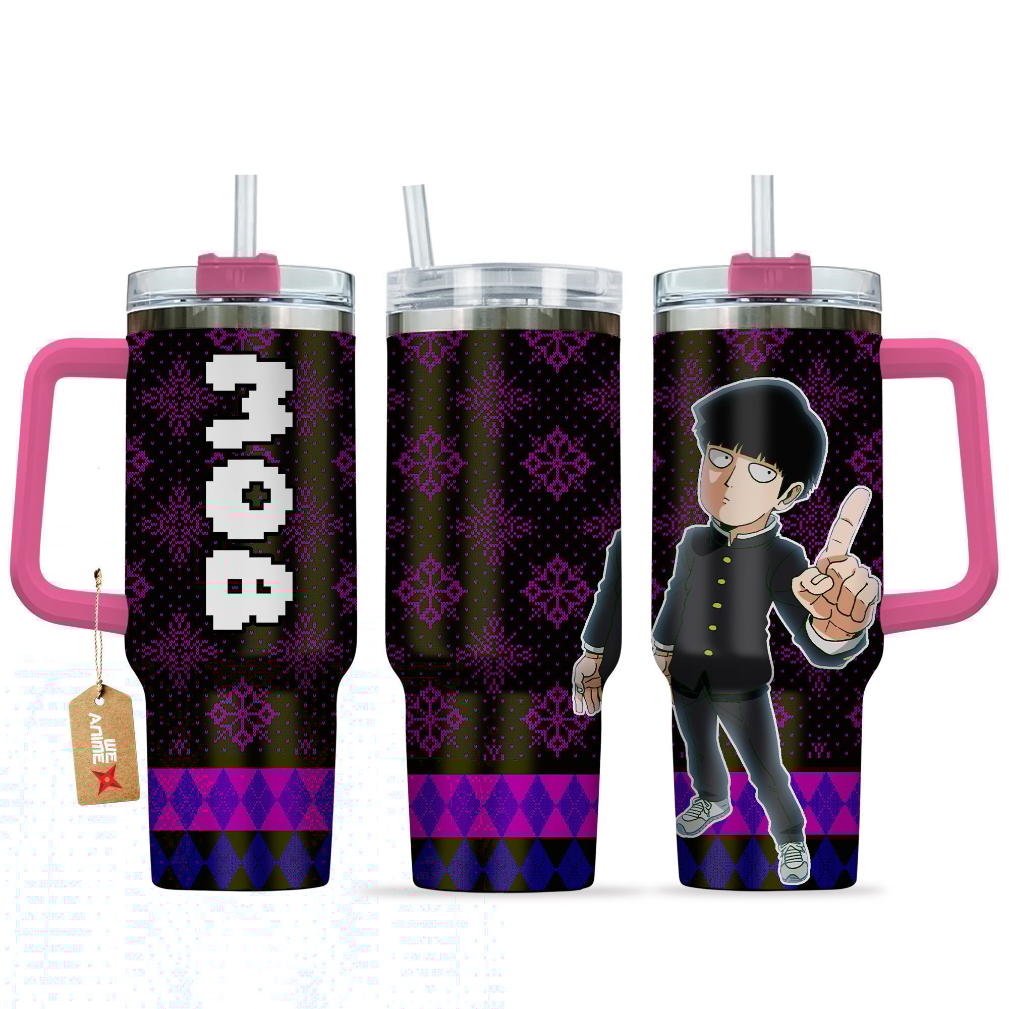 Hydratemerch Shigeo Kageyama Mob Psycho 100 Anime Custom Stanley Quencher 40oz Stainless Steel Tumbler With Handle