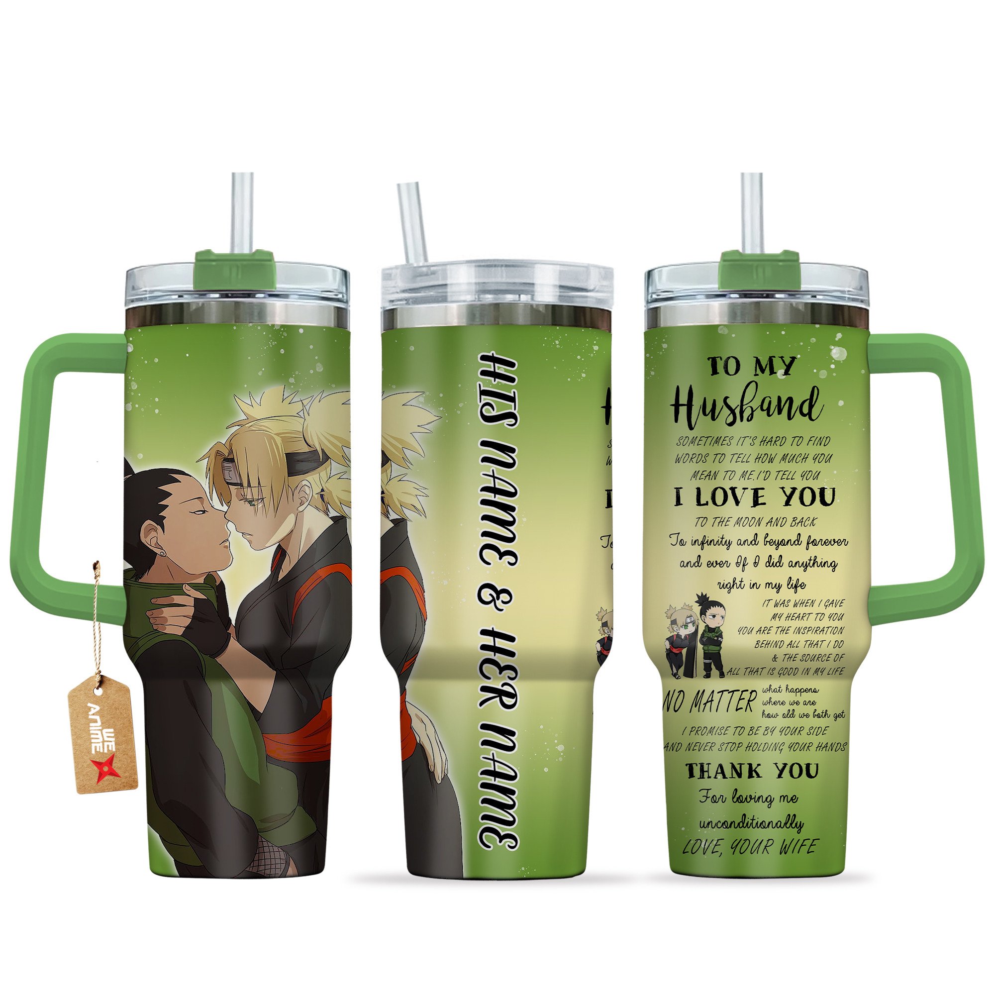 Hydratemerch Shikamaru Nara & Temari Naruto Anime Valentine Custom Stanley Quencher 40oz Stainless Steel Tumbler With Handle